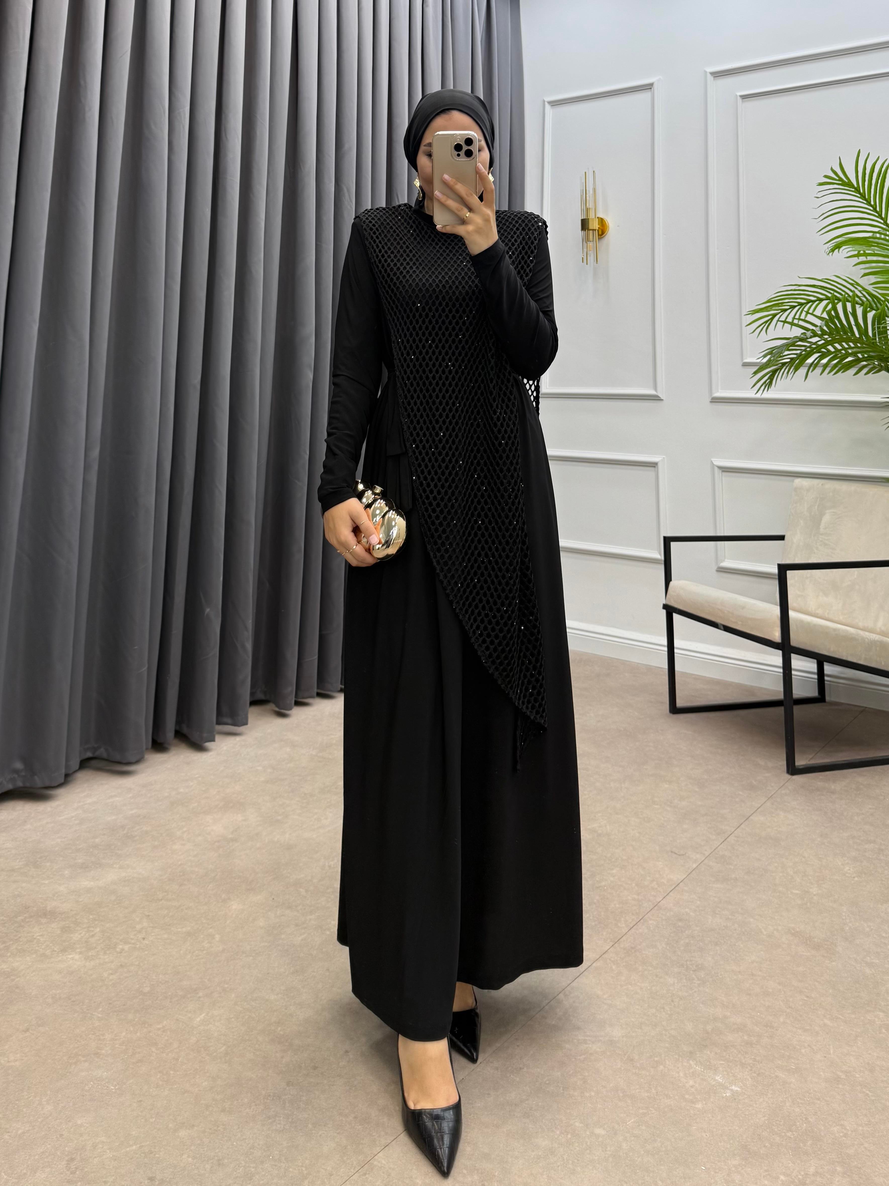 FİLE DETAY SANDY ELBİSE SİYAH