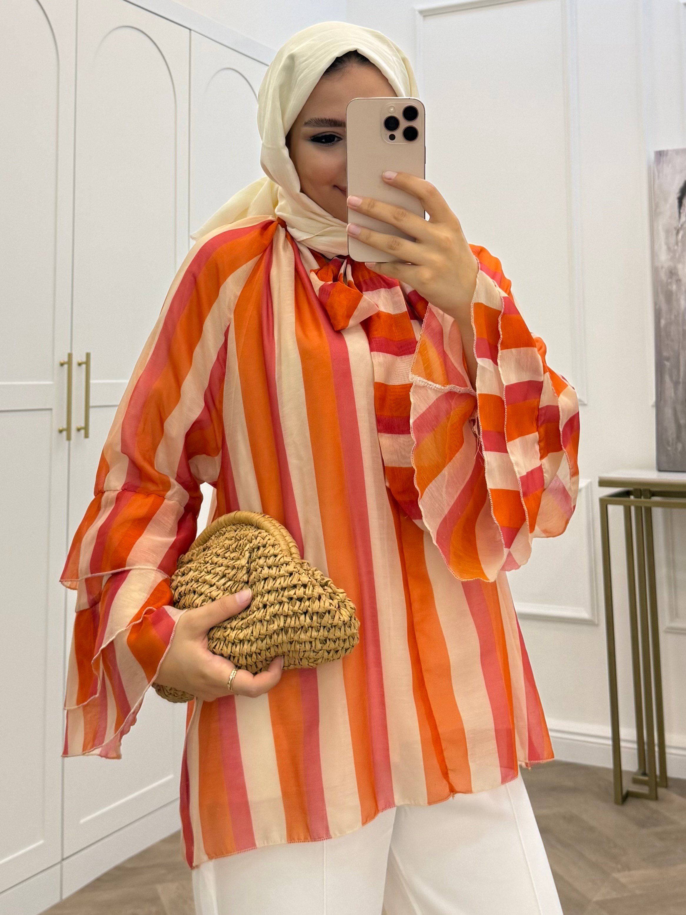 FIRFIRLI ÇİZGİLİ BLUZ ORANJ