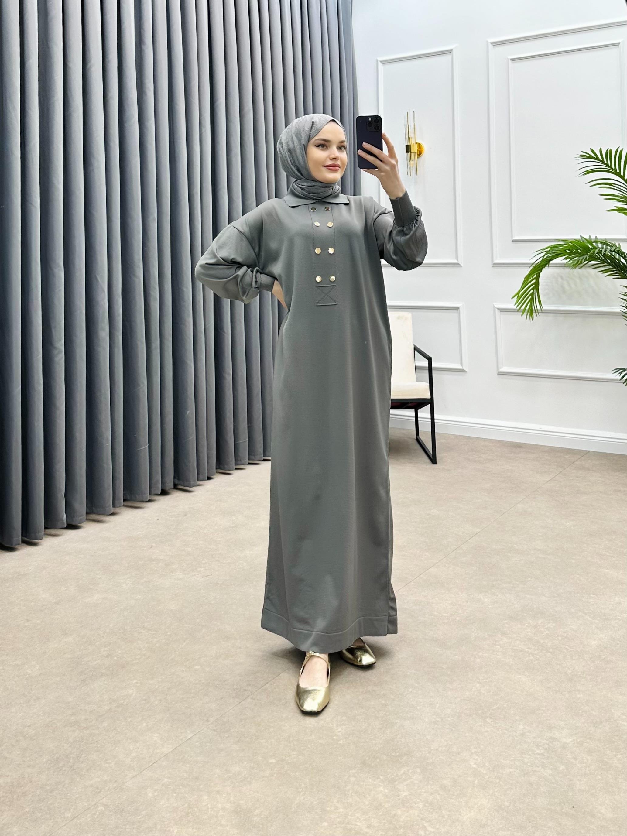 GOLD DÜĞME DETAYLI ELBİSE GRİ