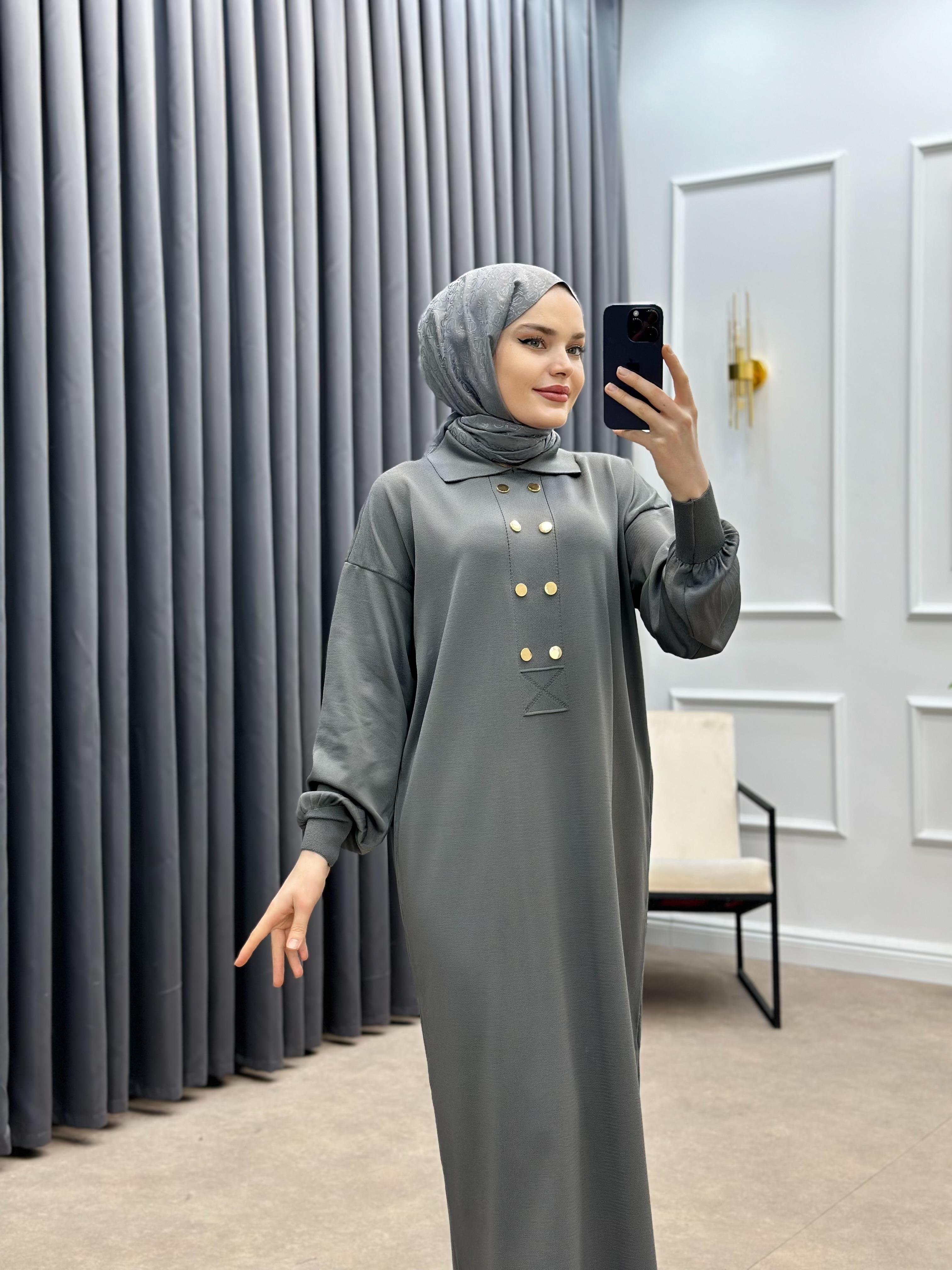 GOLD DÜĞME DETAYLI ELBİSE GRİ