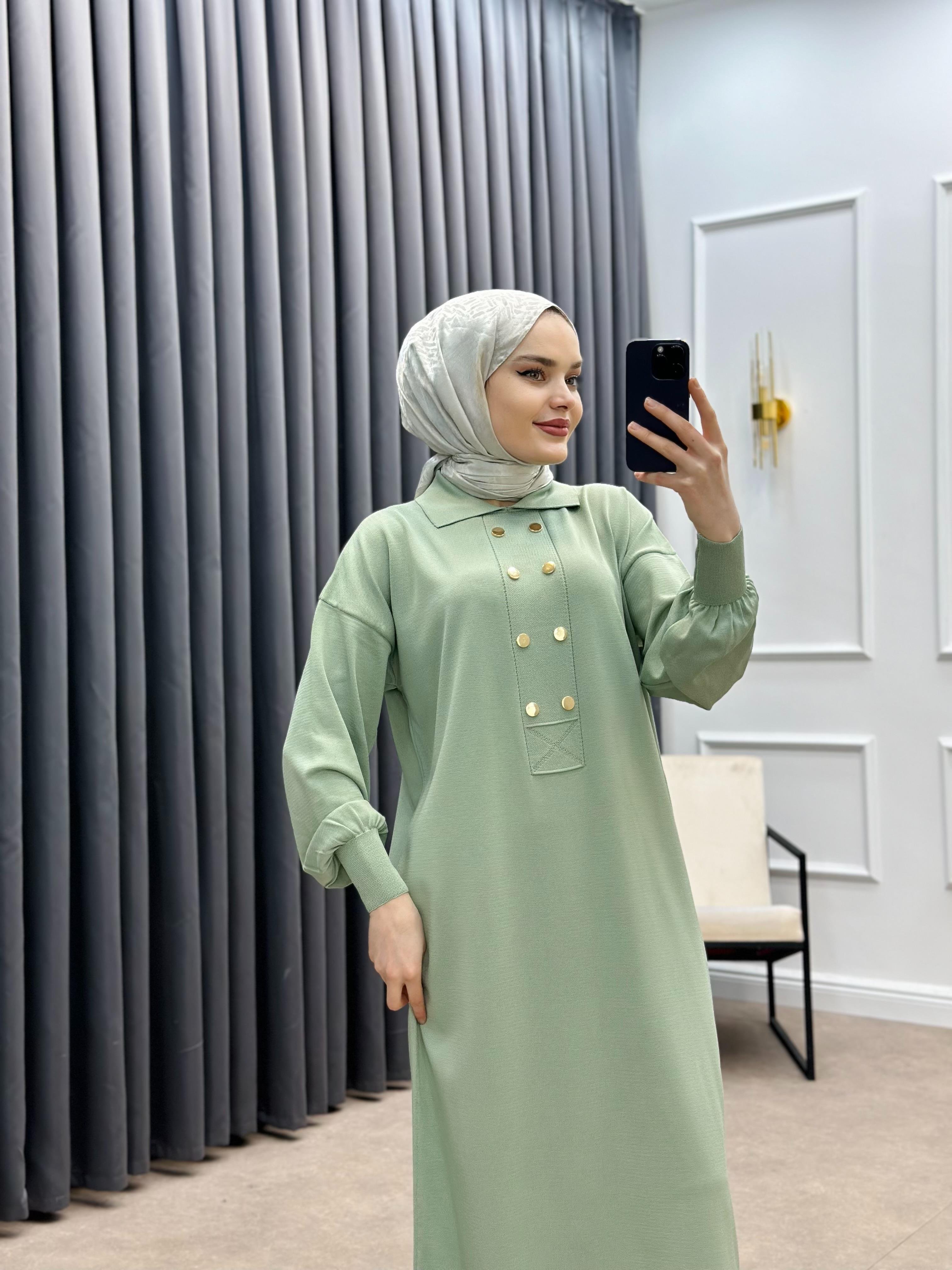 GOLD DÜĞME DETAYLI ELBİSE SU YEŞİLİ