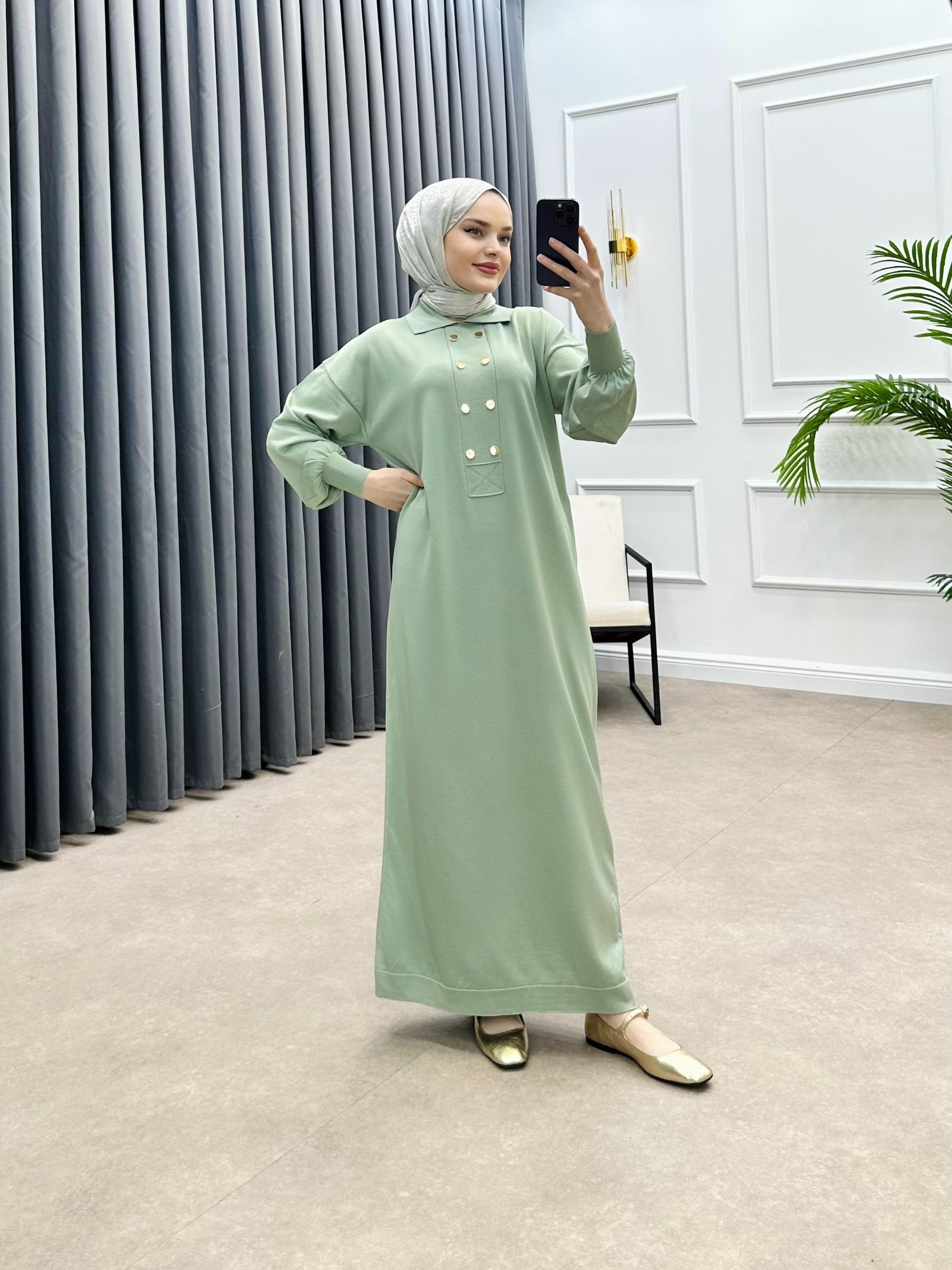 GOLD DÜĞME DETAYLI ELBİSE SU YEŞİLİ