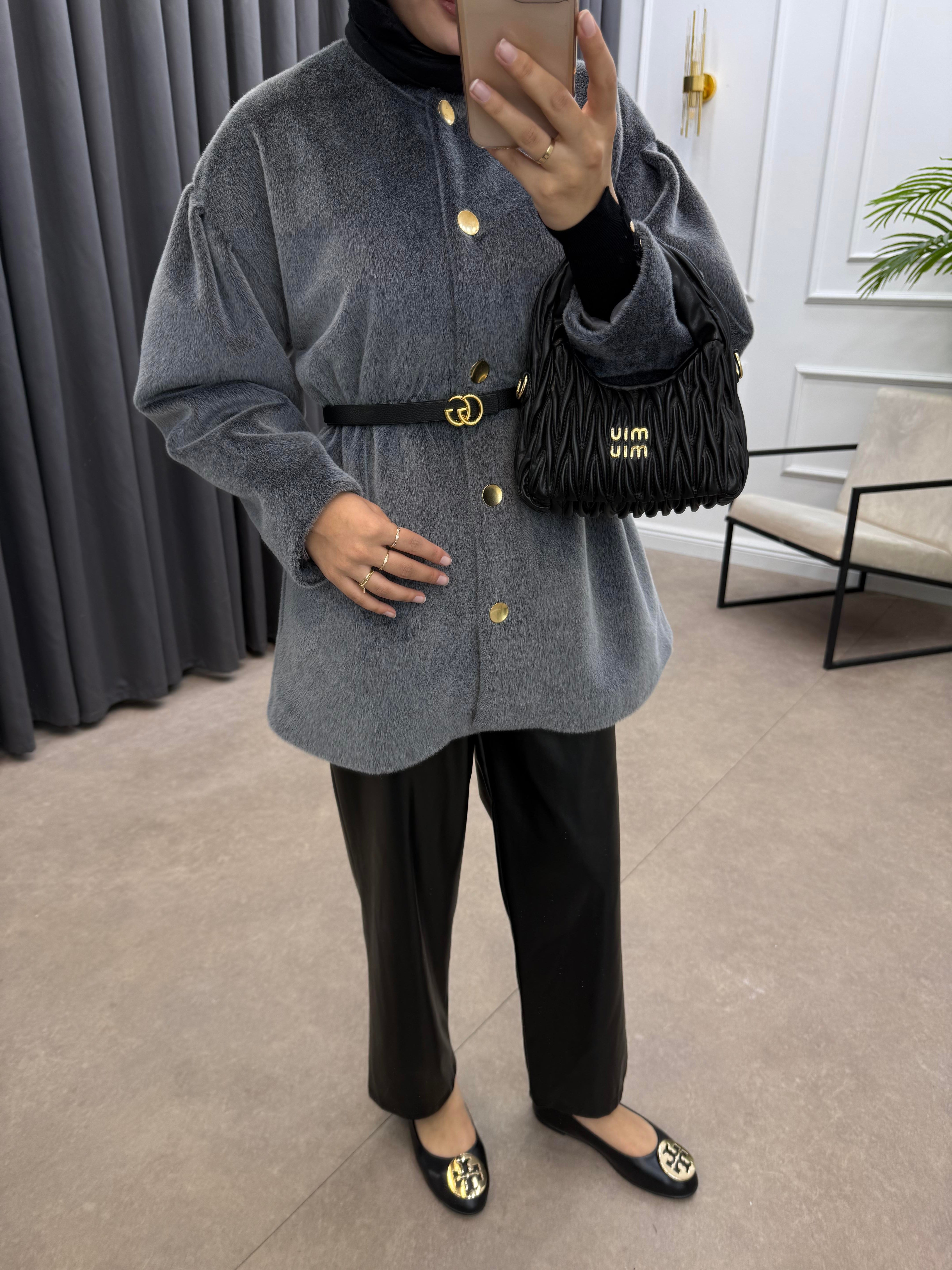 GOLD DÜĞMELİ BELİ LASTİKLİ CEKET GRİ