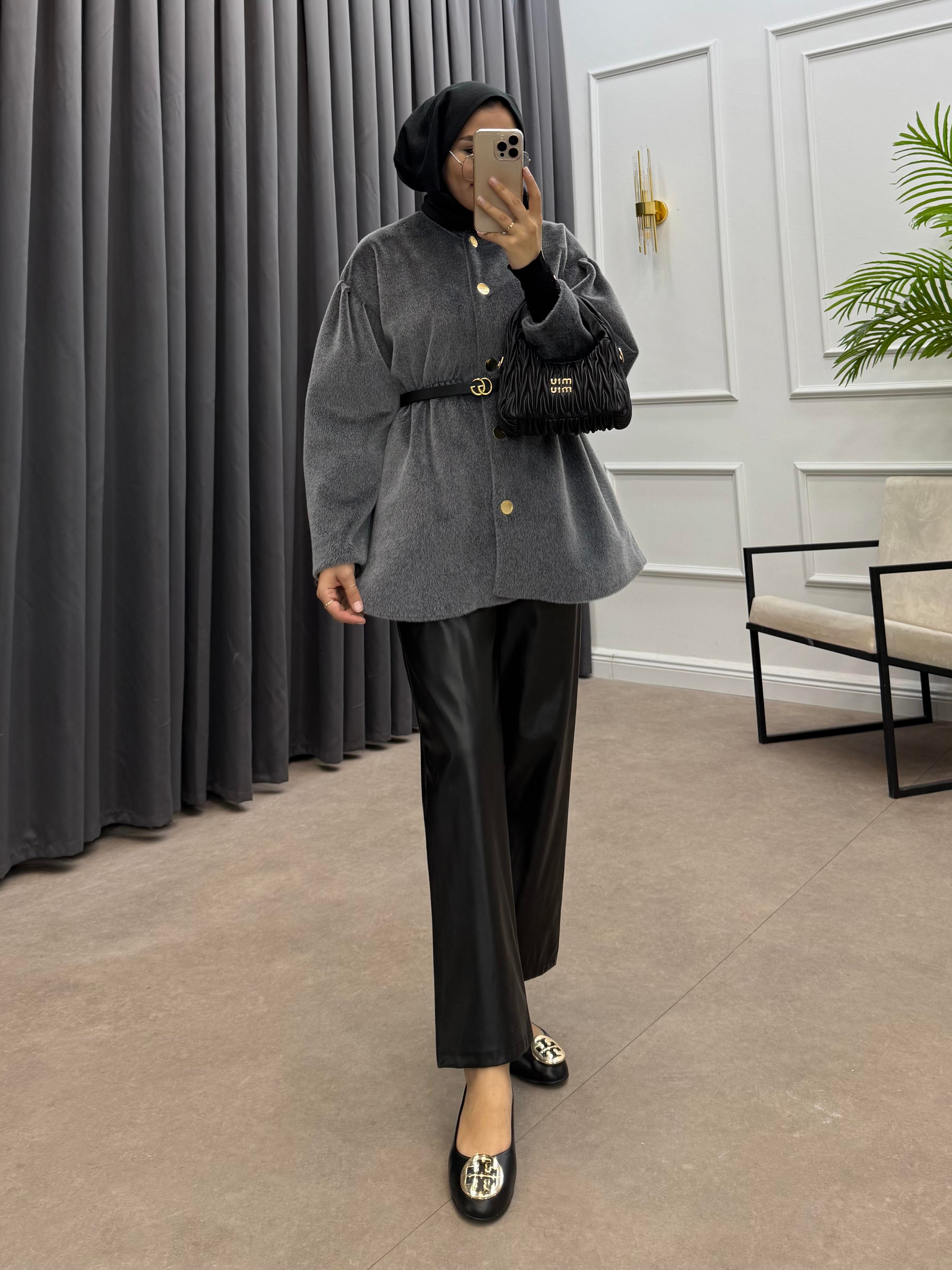 GOLD DÜĞMELİ BELİ LASTİKLİ CEKET GRİ