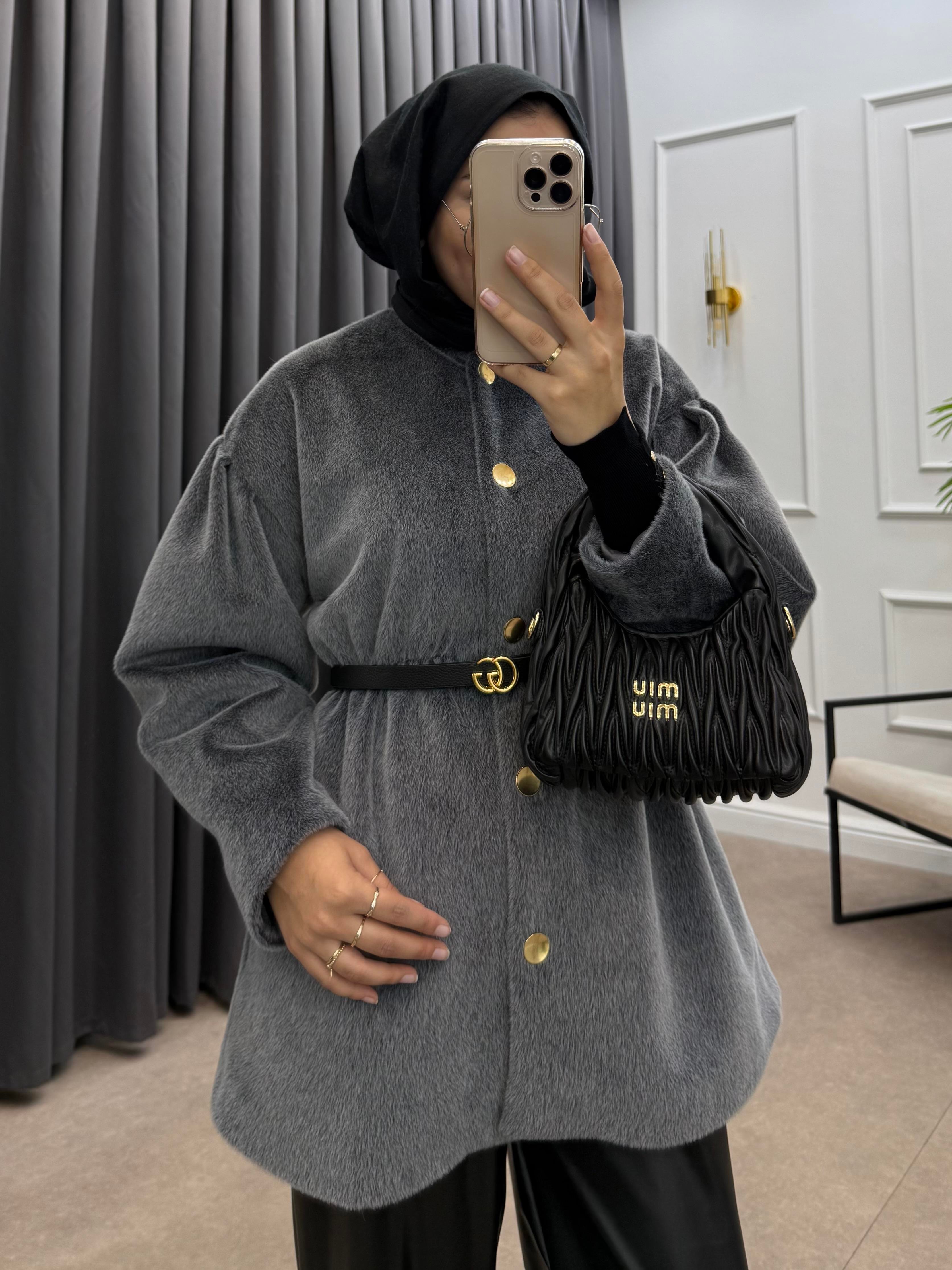 GOLD DÜĞMELİ BELİ LASTİKLİ CEKET GRİ