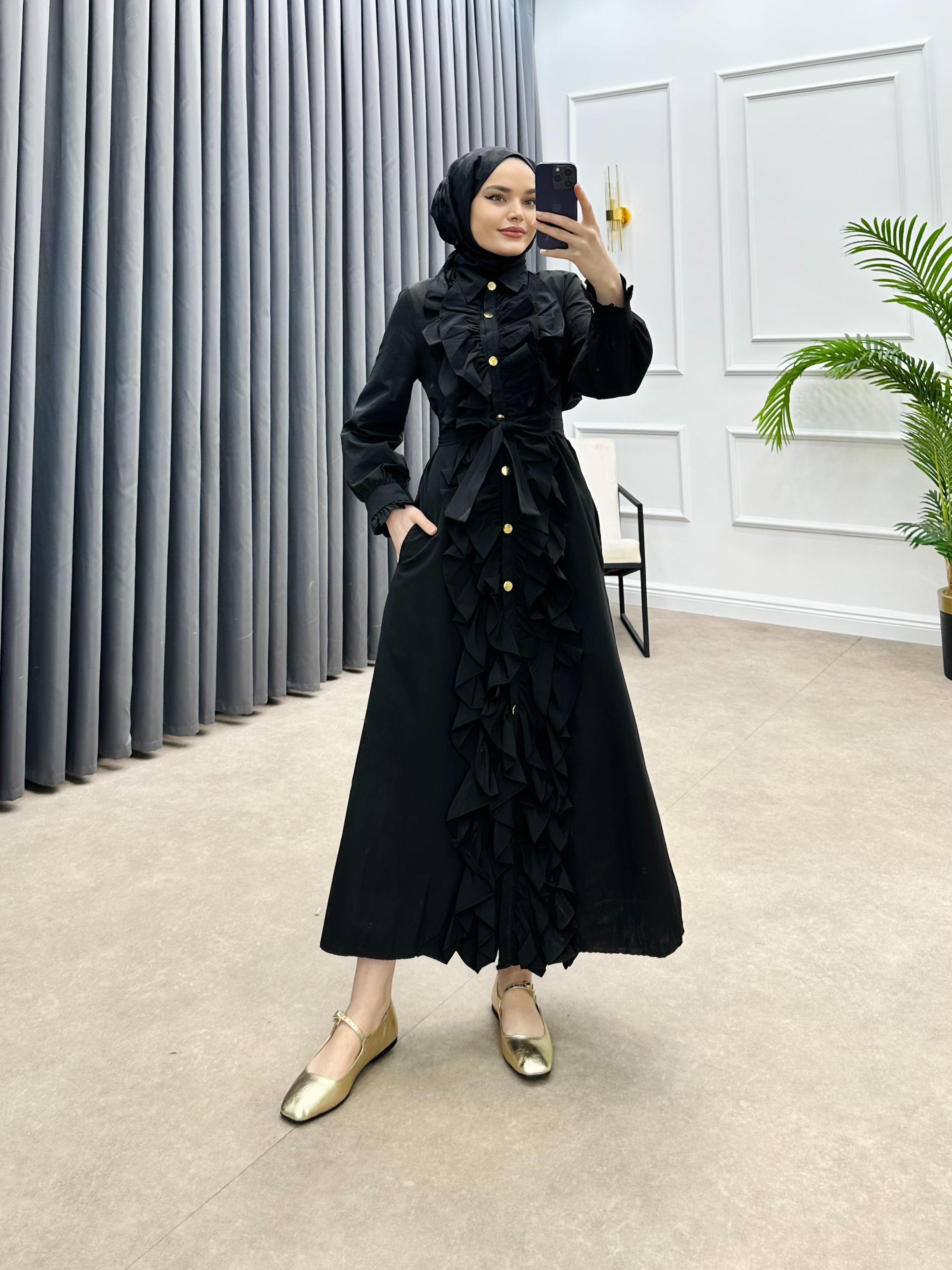 GOLD DÜĞMELİ COTTON ELBİSE SİYAH