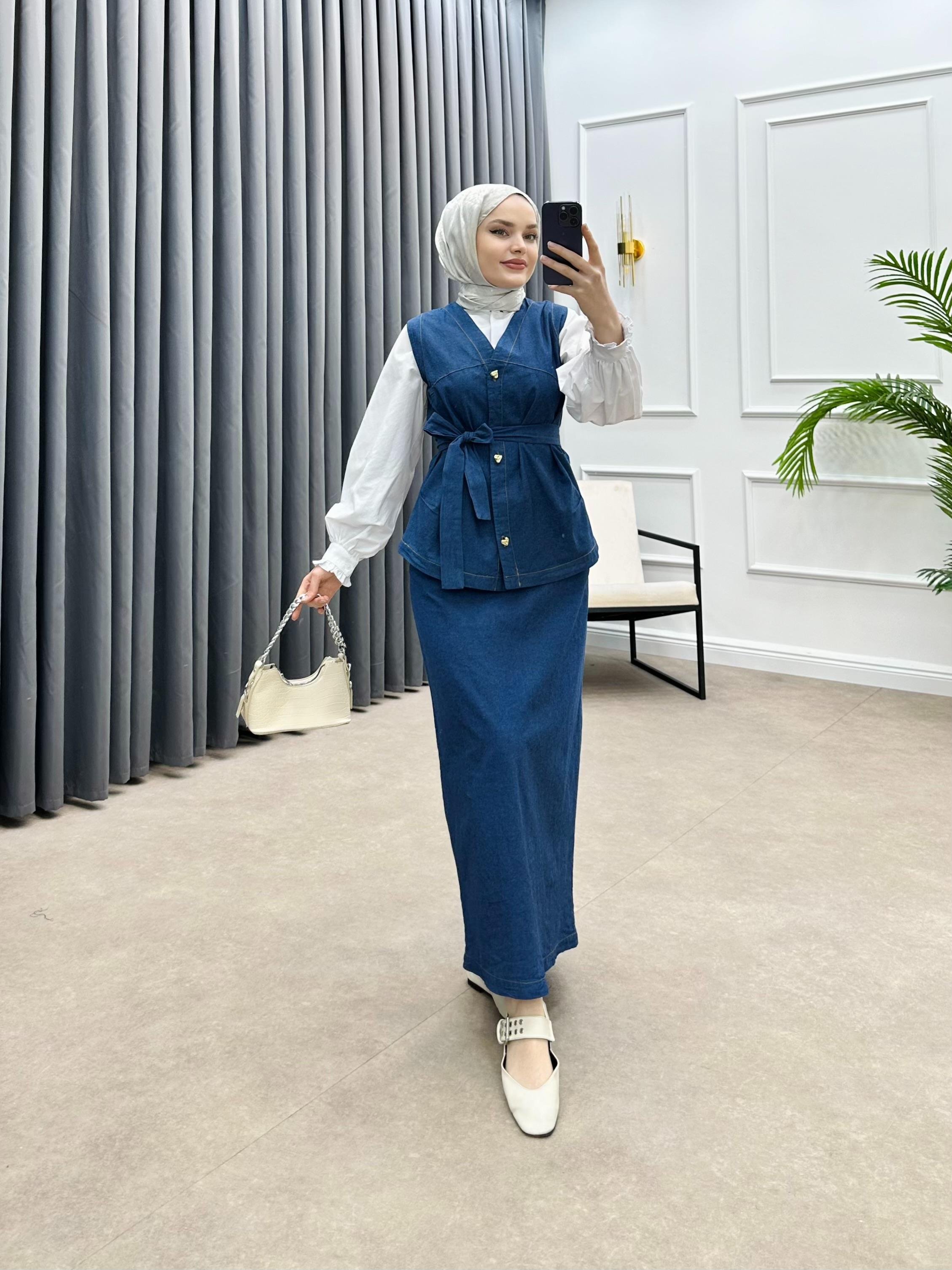 GOLD DÜĞMELİ ETEKLİ DENİM TAKIM MAVİ