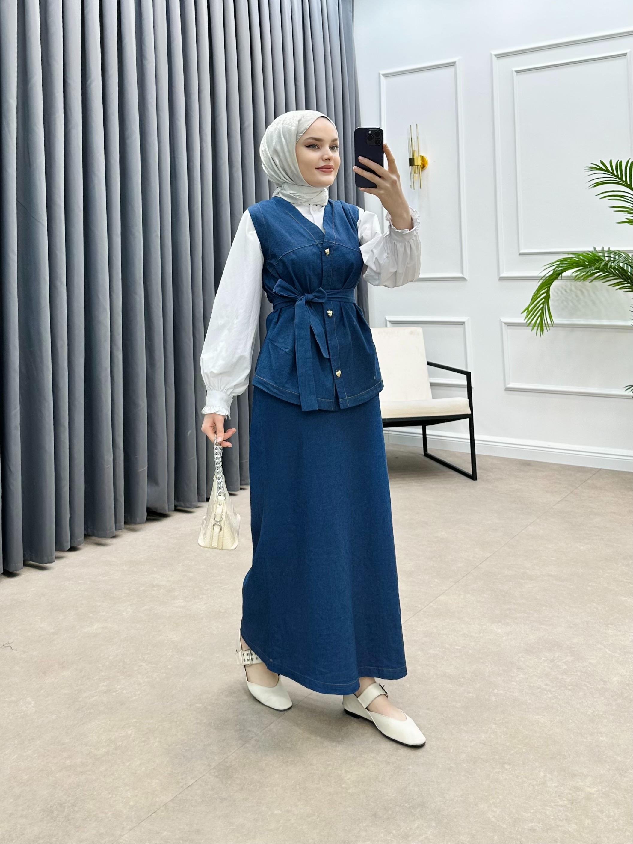 GOLD DÜĞMELİ ETEKLİ DENİM TAKIM MAVİ