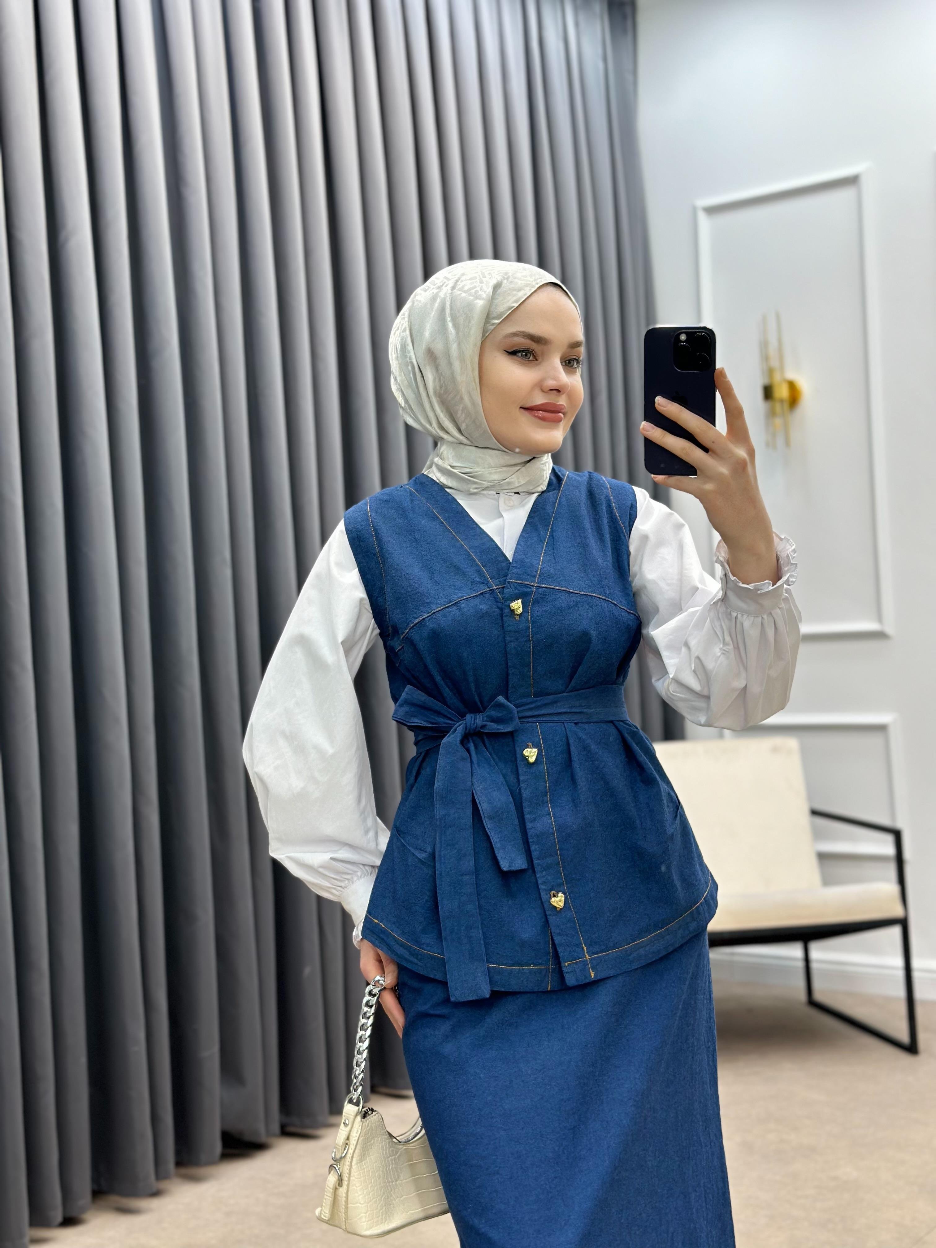 GOLD DÜĞMELİ ETEKLİ DENİM TAKIM MAVİ