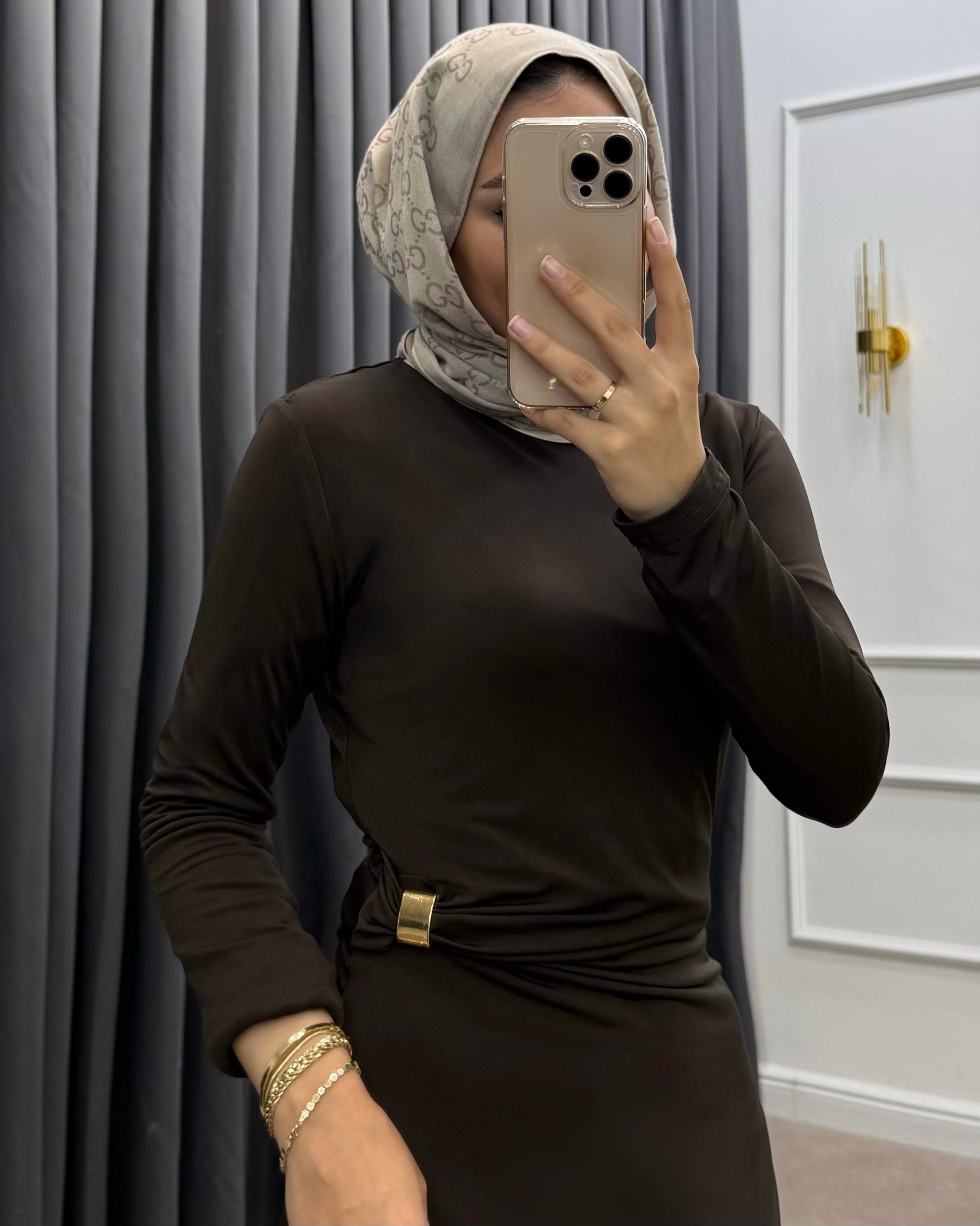 GOLD KARE TOKALI SANDY ELBİSE KAHVE