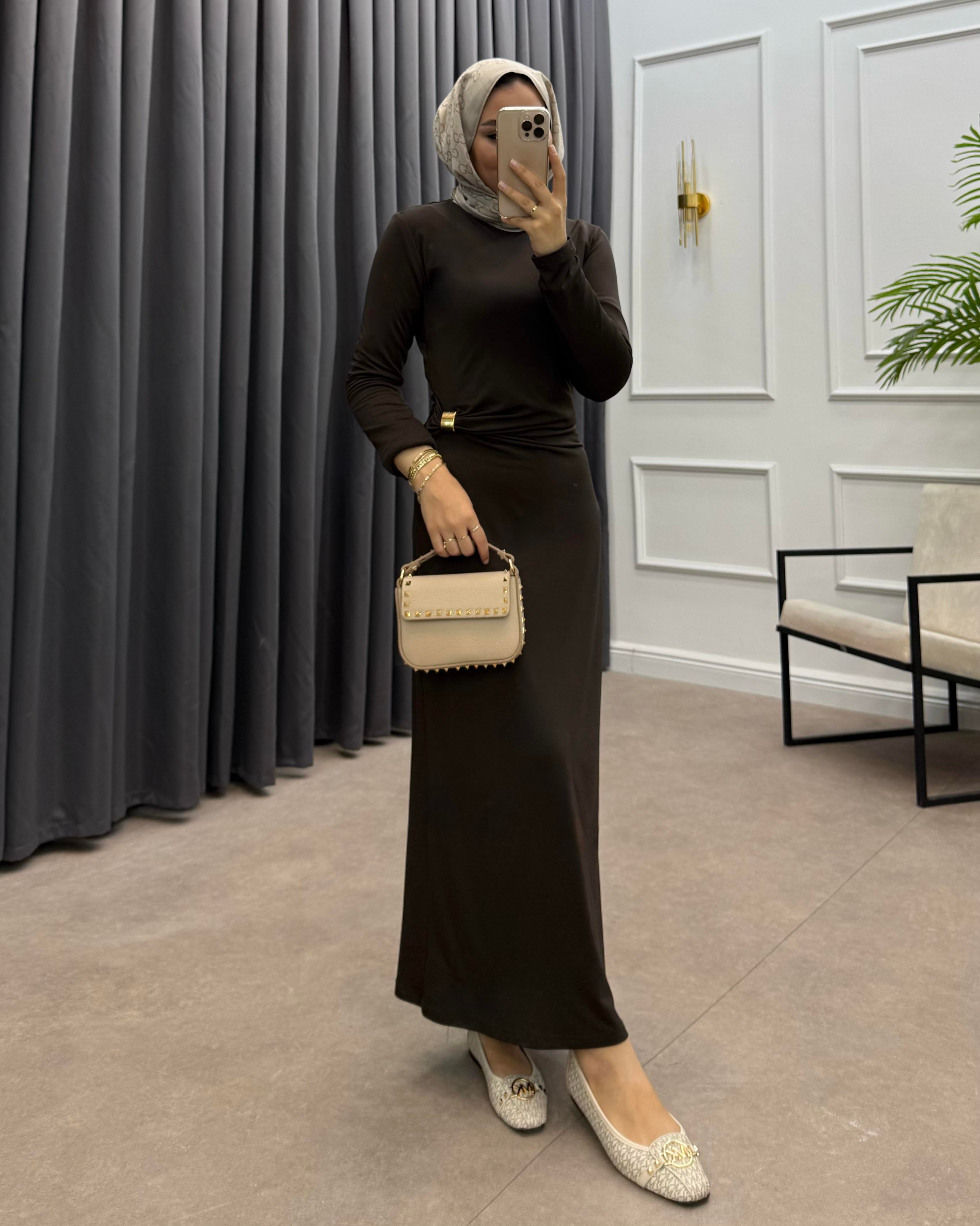 GOLD KARE TOKALI SANDY ELBİSE KAHVE