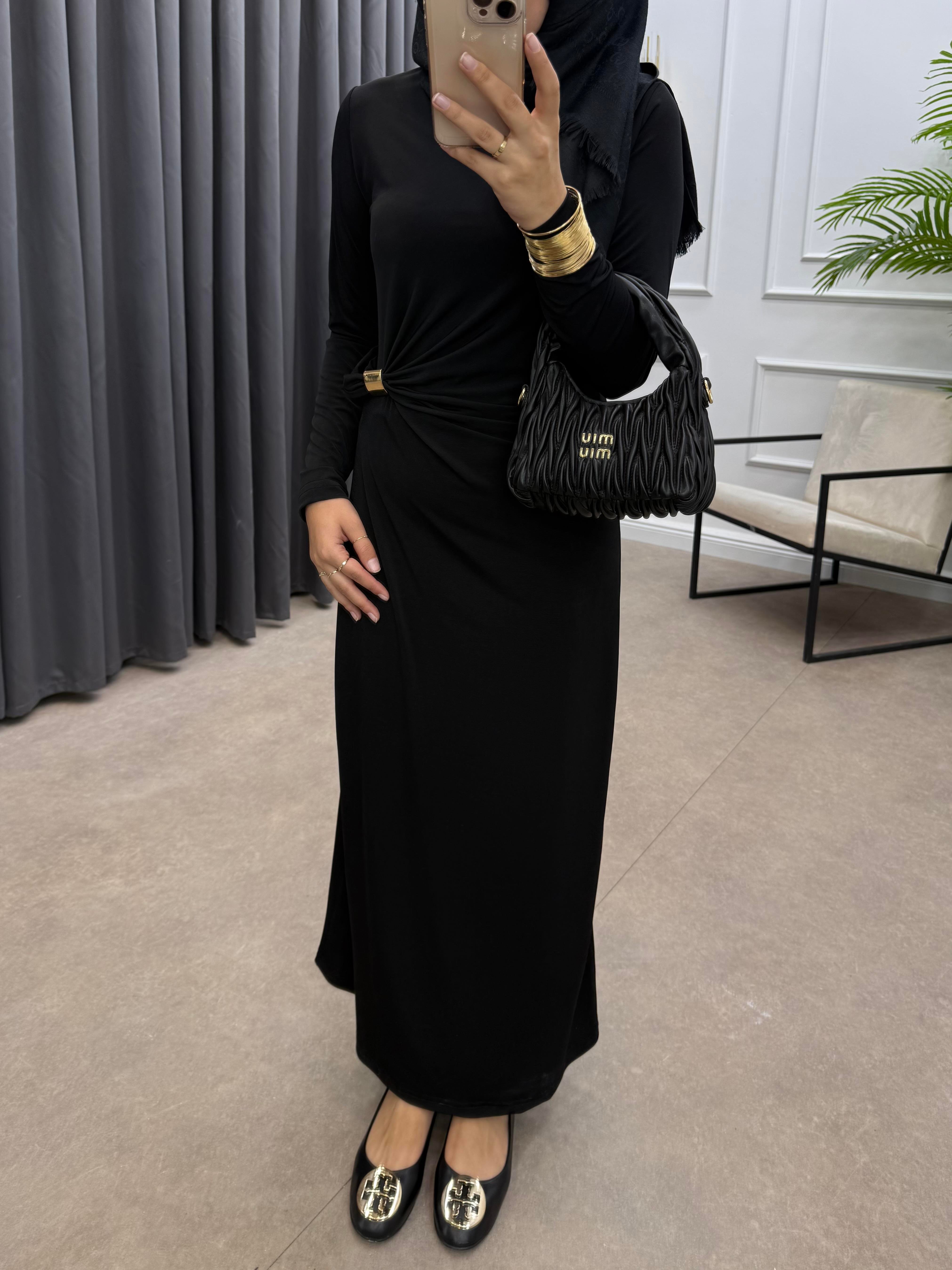 GOLD KARE TOKALI SANDY ELBİSE SİYAH