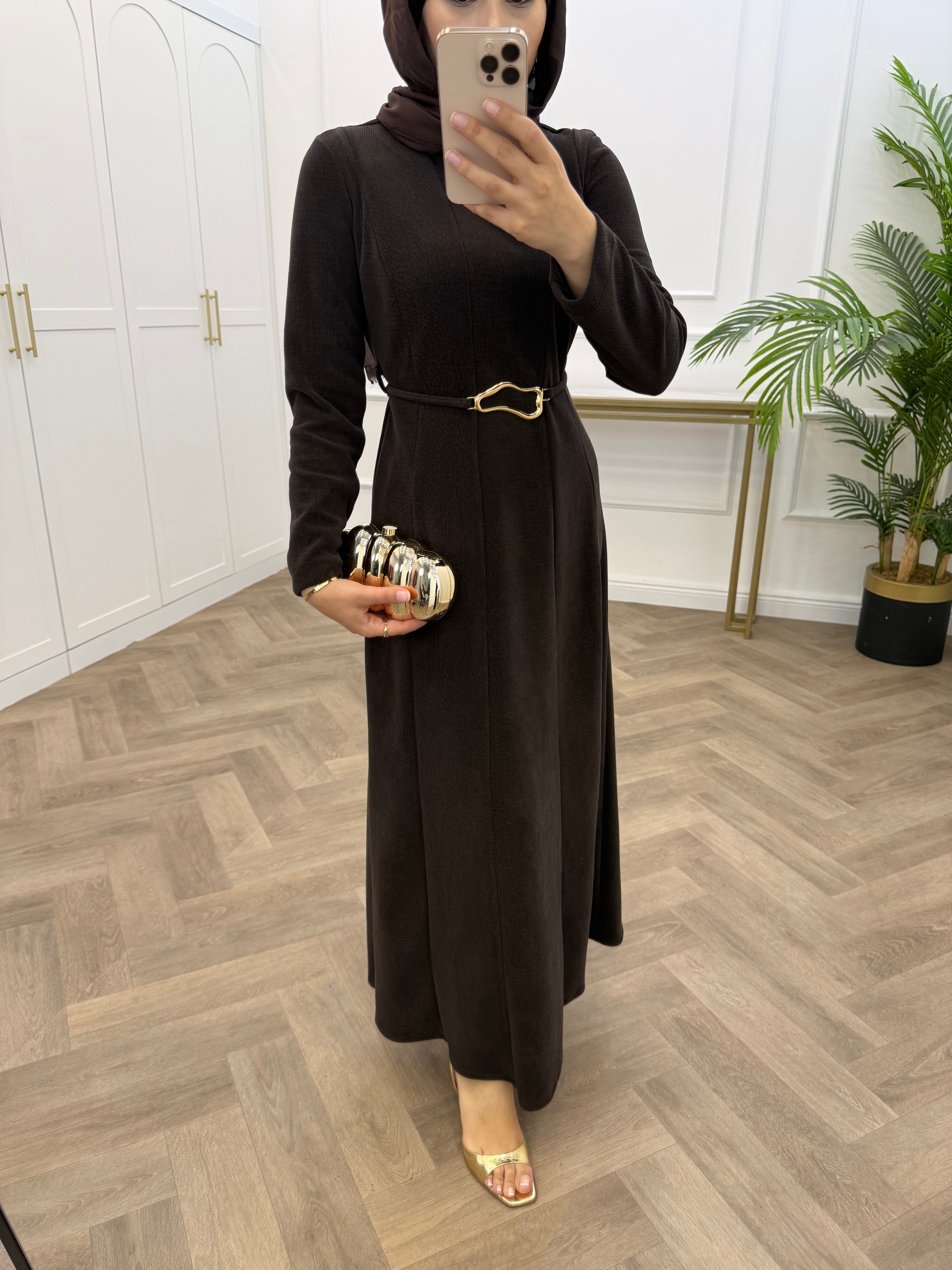 GOLD TOKALI KADİFE ELBİSE KAHVE