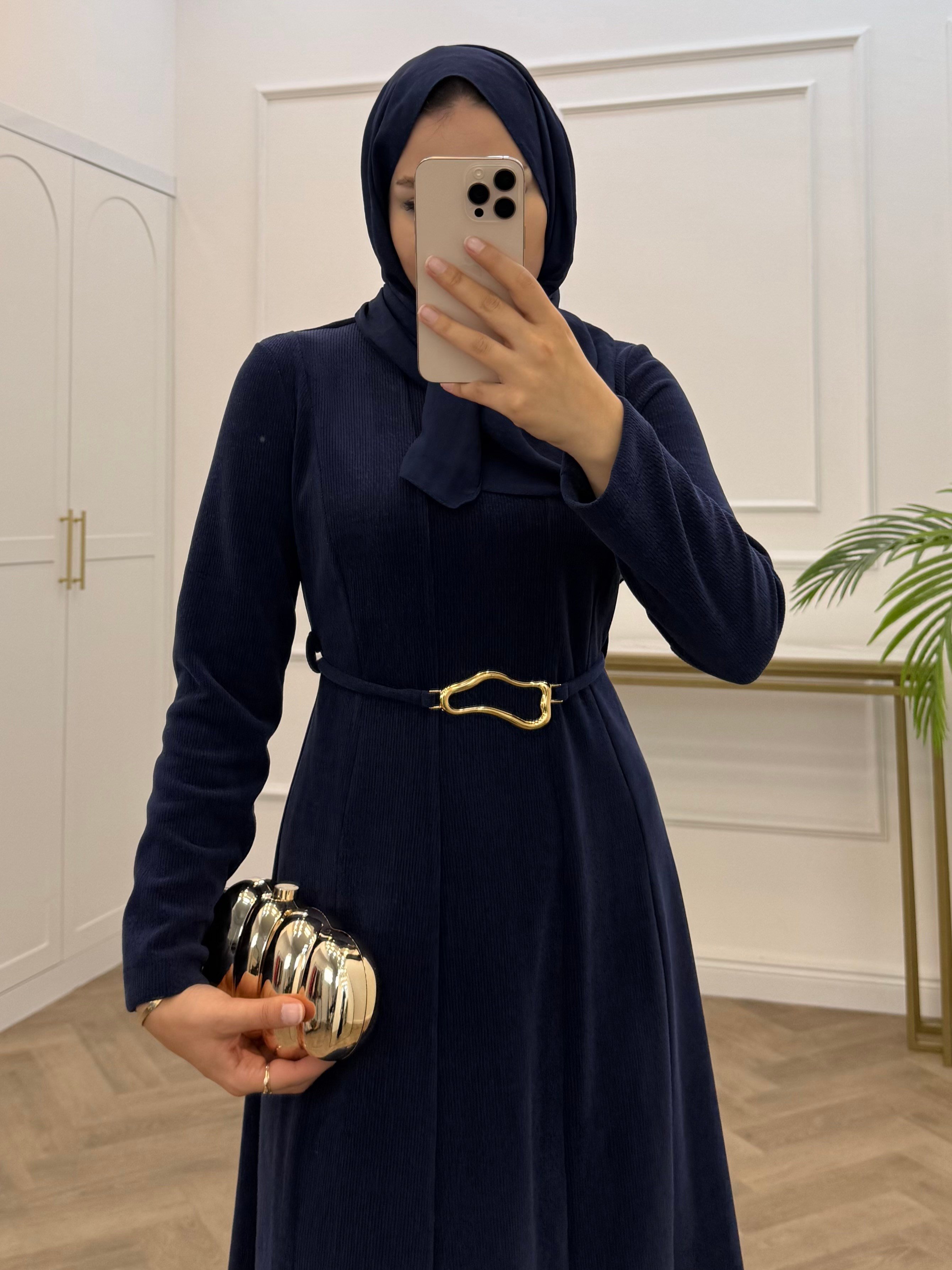 GOLD TOKALI KADİFE ELBİSE LACİVERT