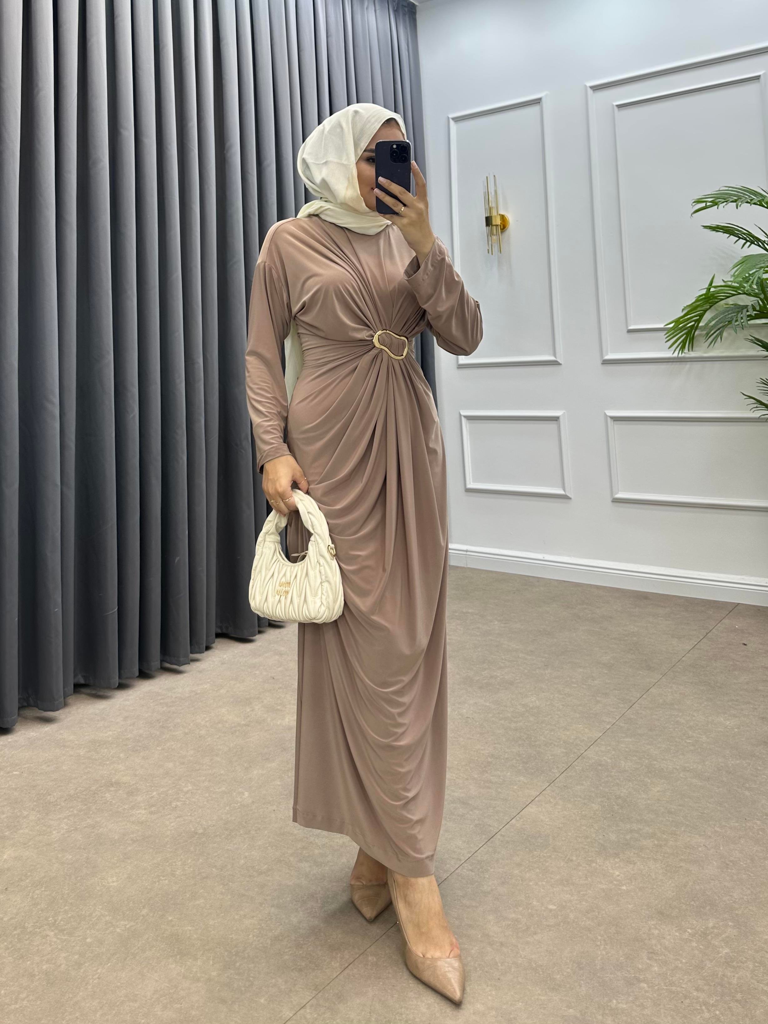 GOLD TOKALI PENYE ELBİSE BEJ