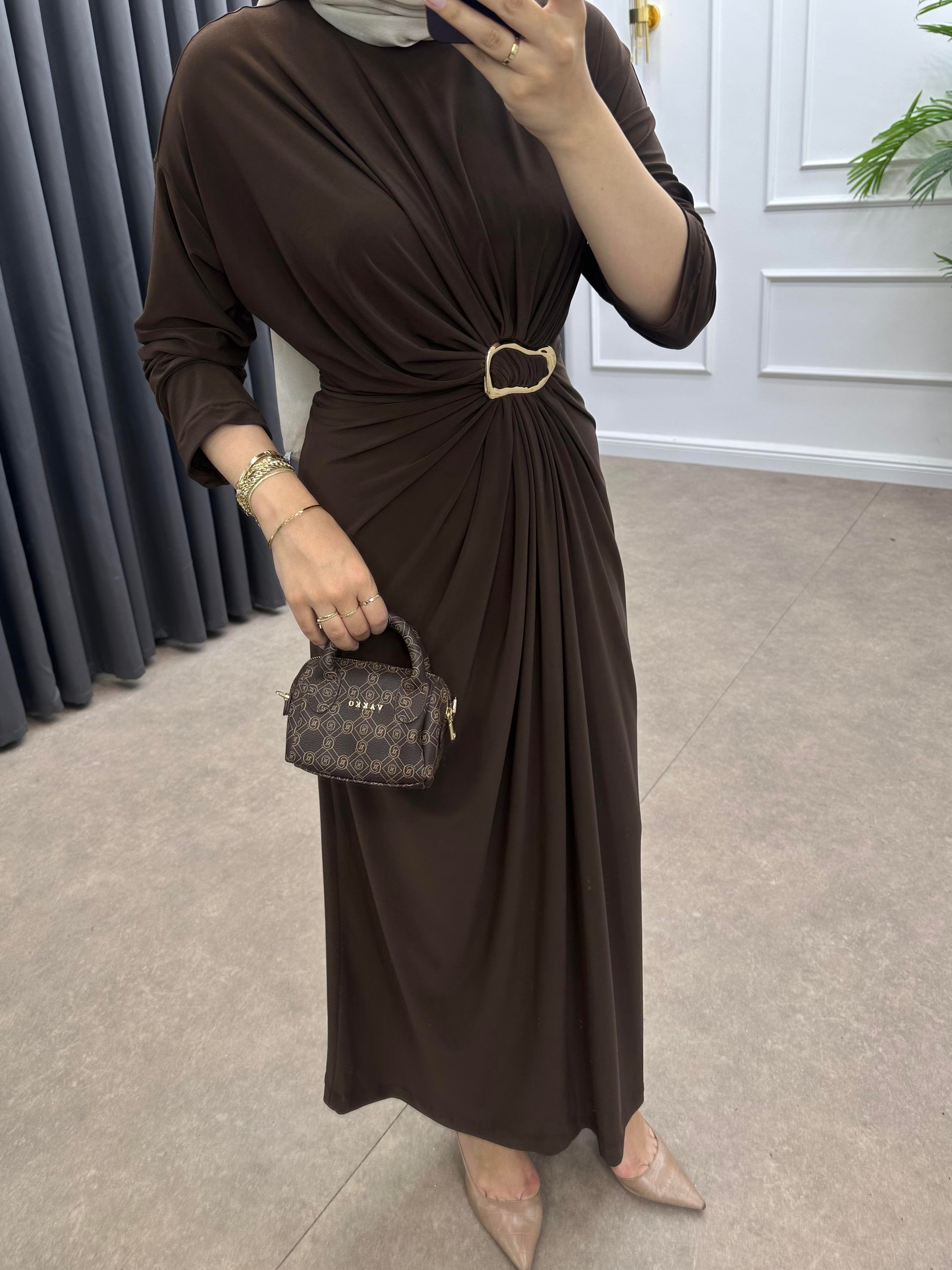 GOLD TOKALI PENYE ELBİSE KAHVE