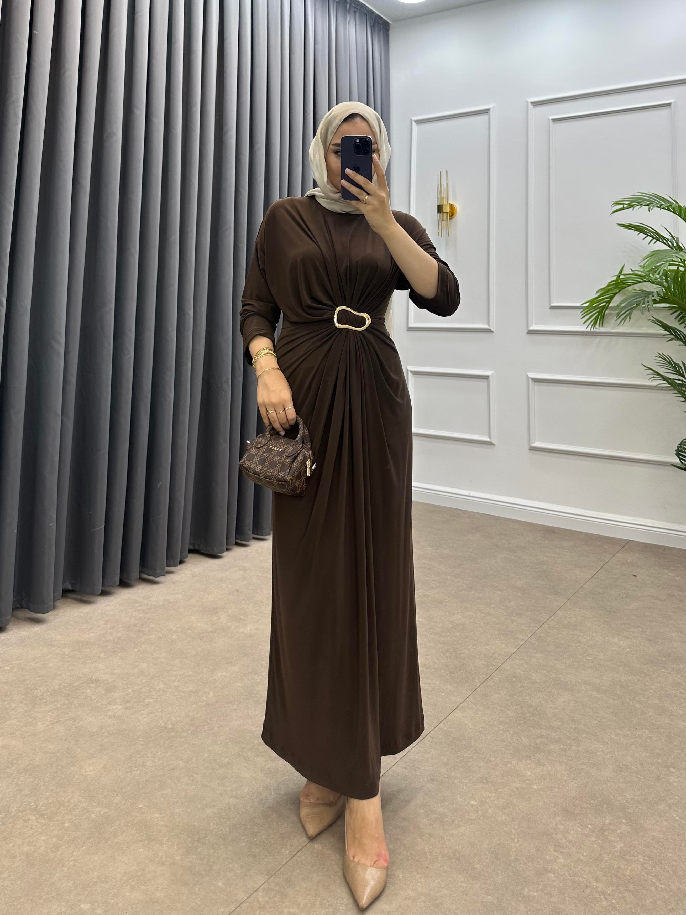 GOLD TOKALI PENYE ELBİSE KAHVE