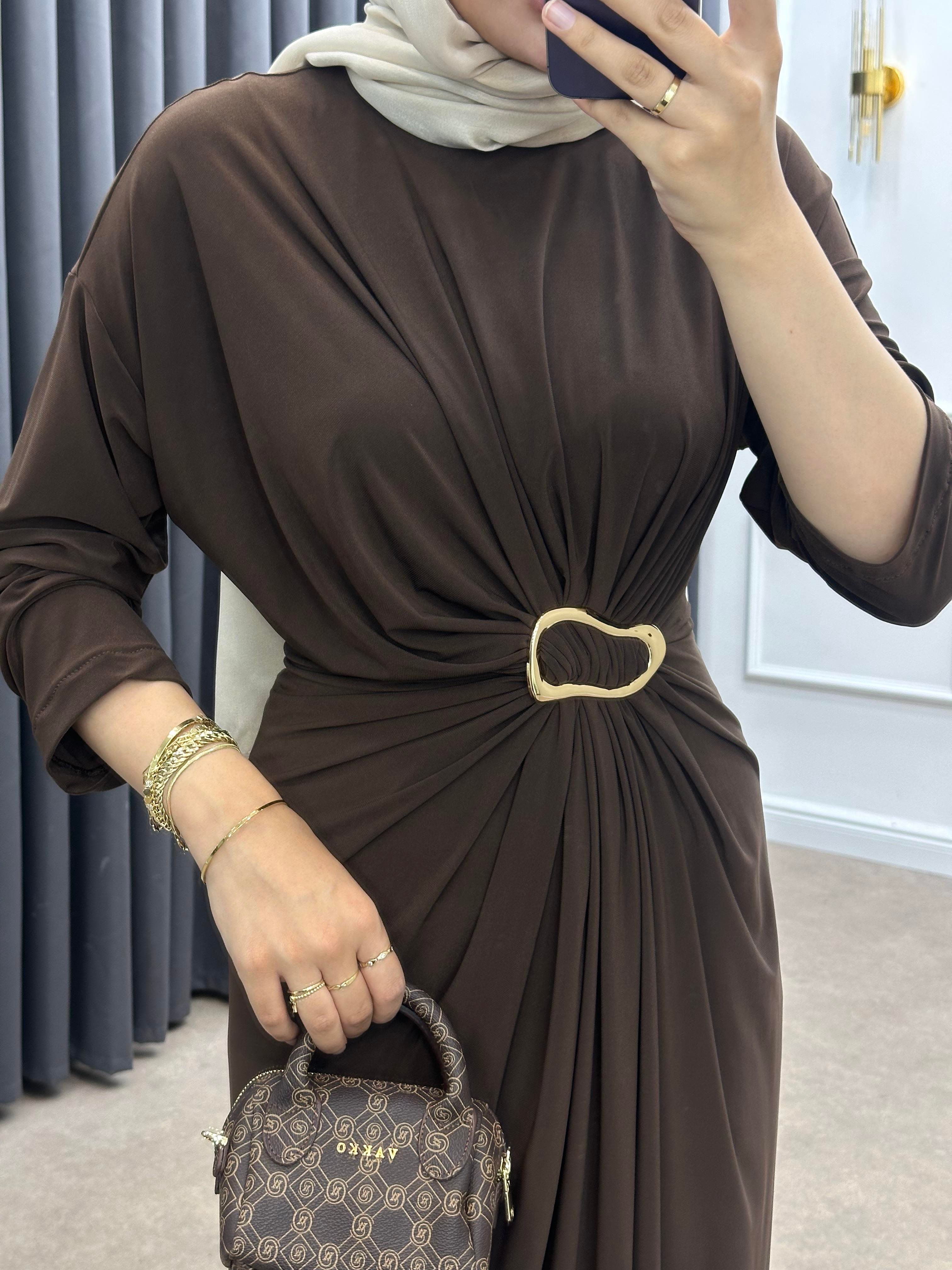 GOLD TOKALI PENYE ELBİSE KAHVE