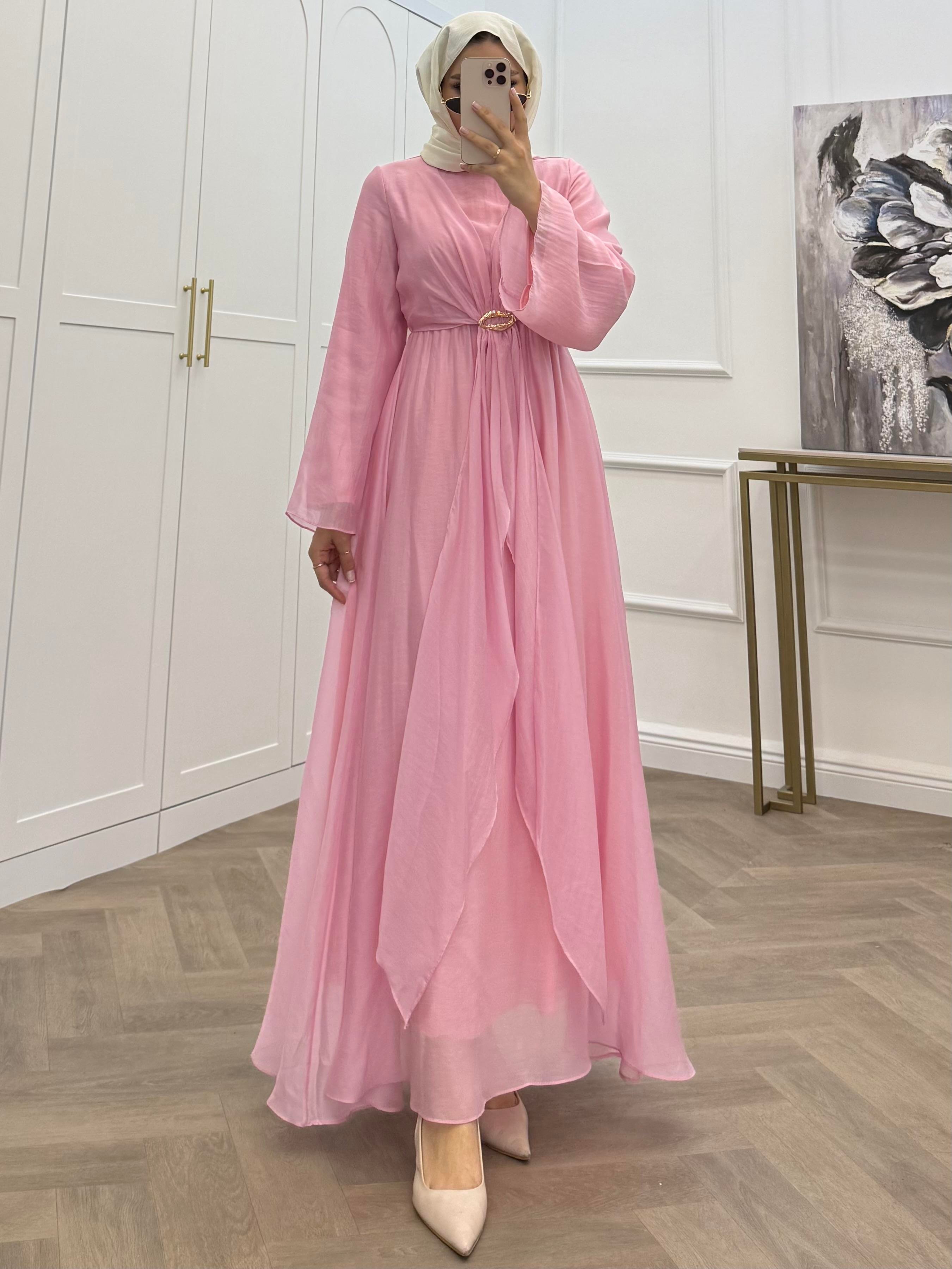 GOLD TOKALI ŞİFON ELBİSE PEMBE