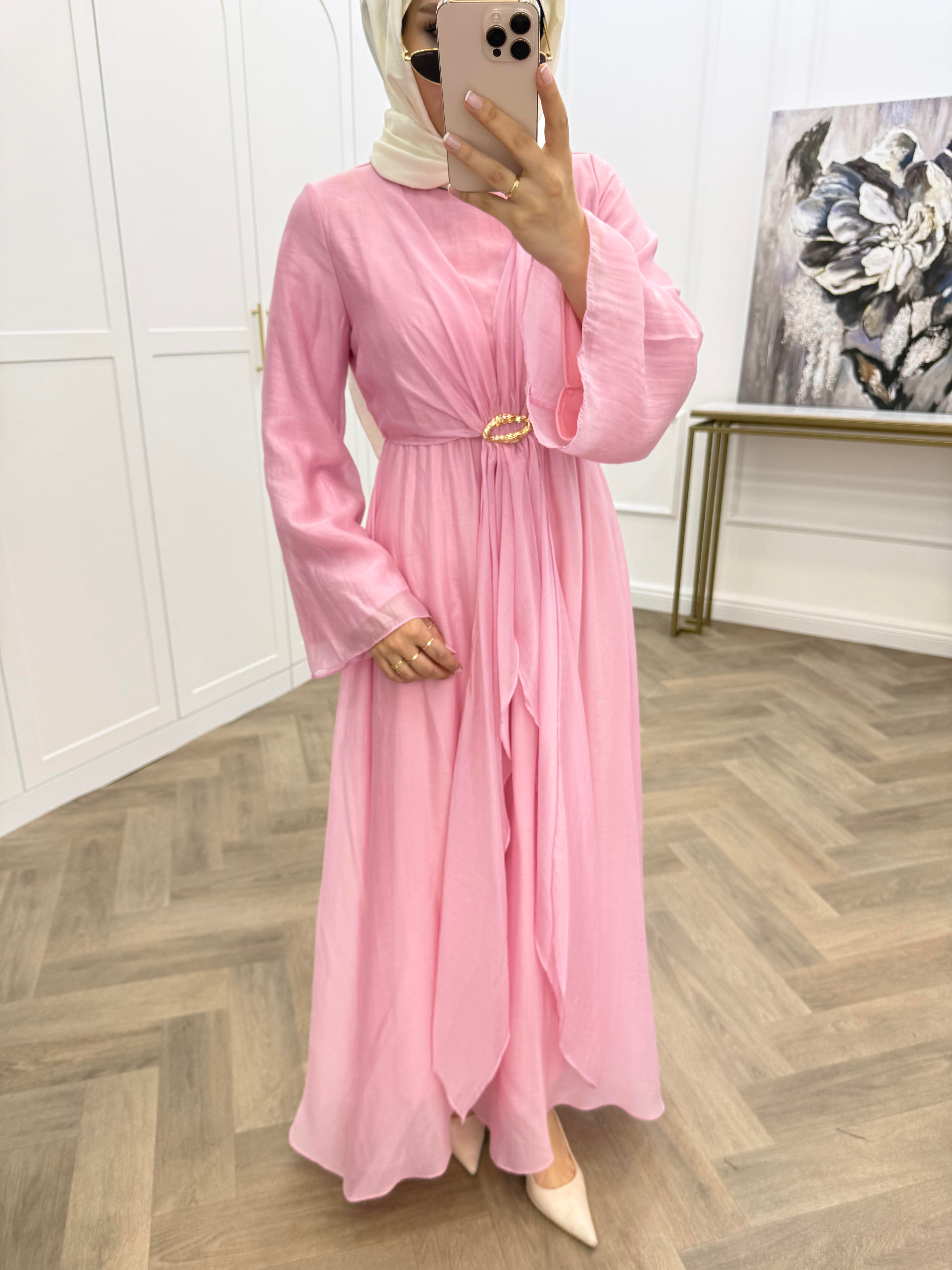GOLD TOKALI ŞİFON ELBİSE PEMBE