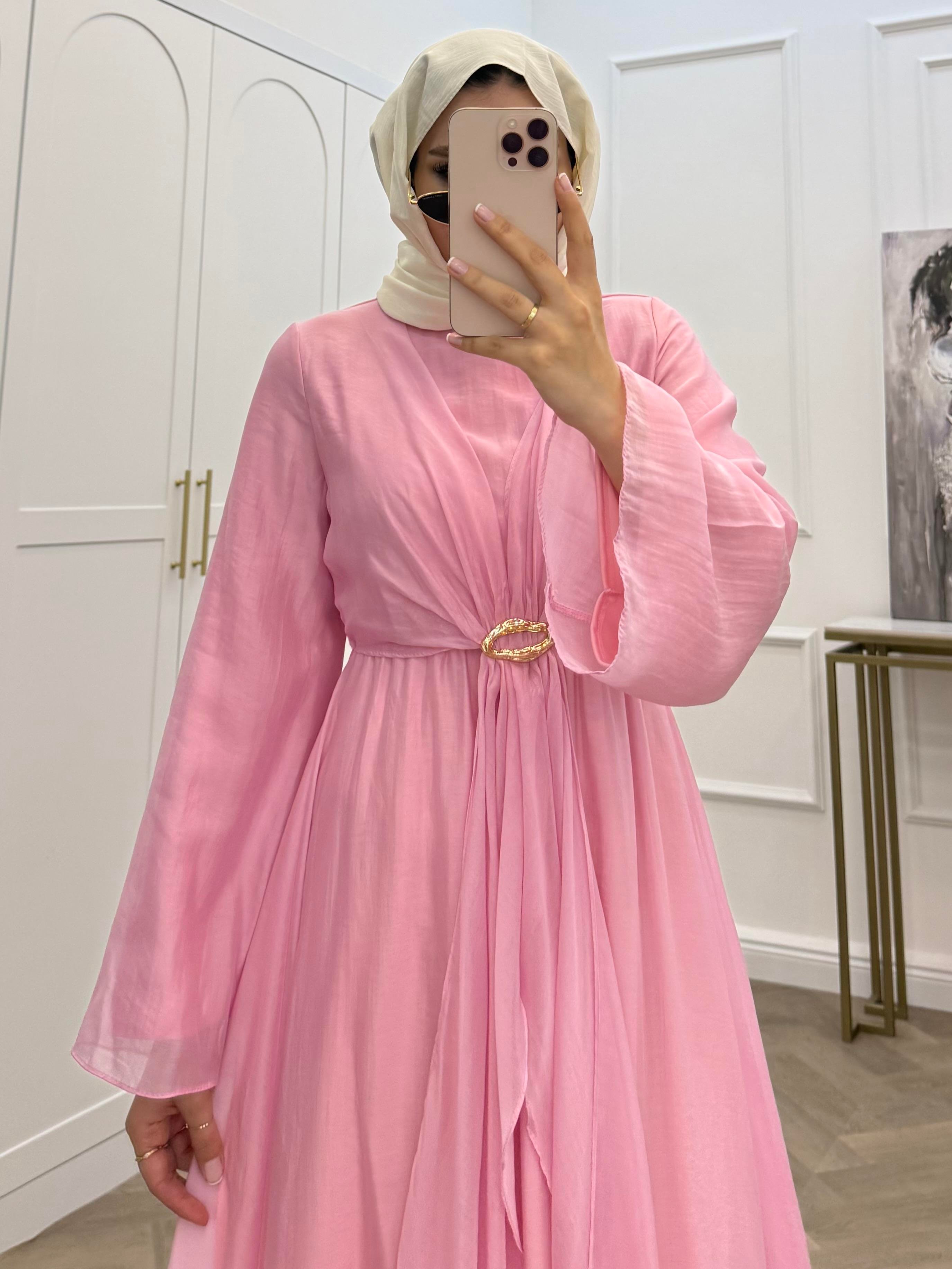GOLD TOKALI ŞİFON ELBİSE PEMBE