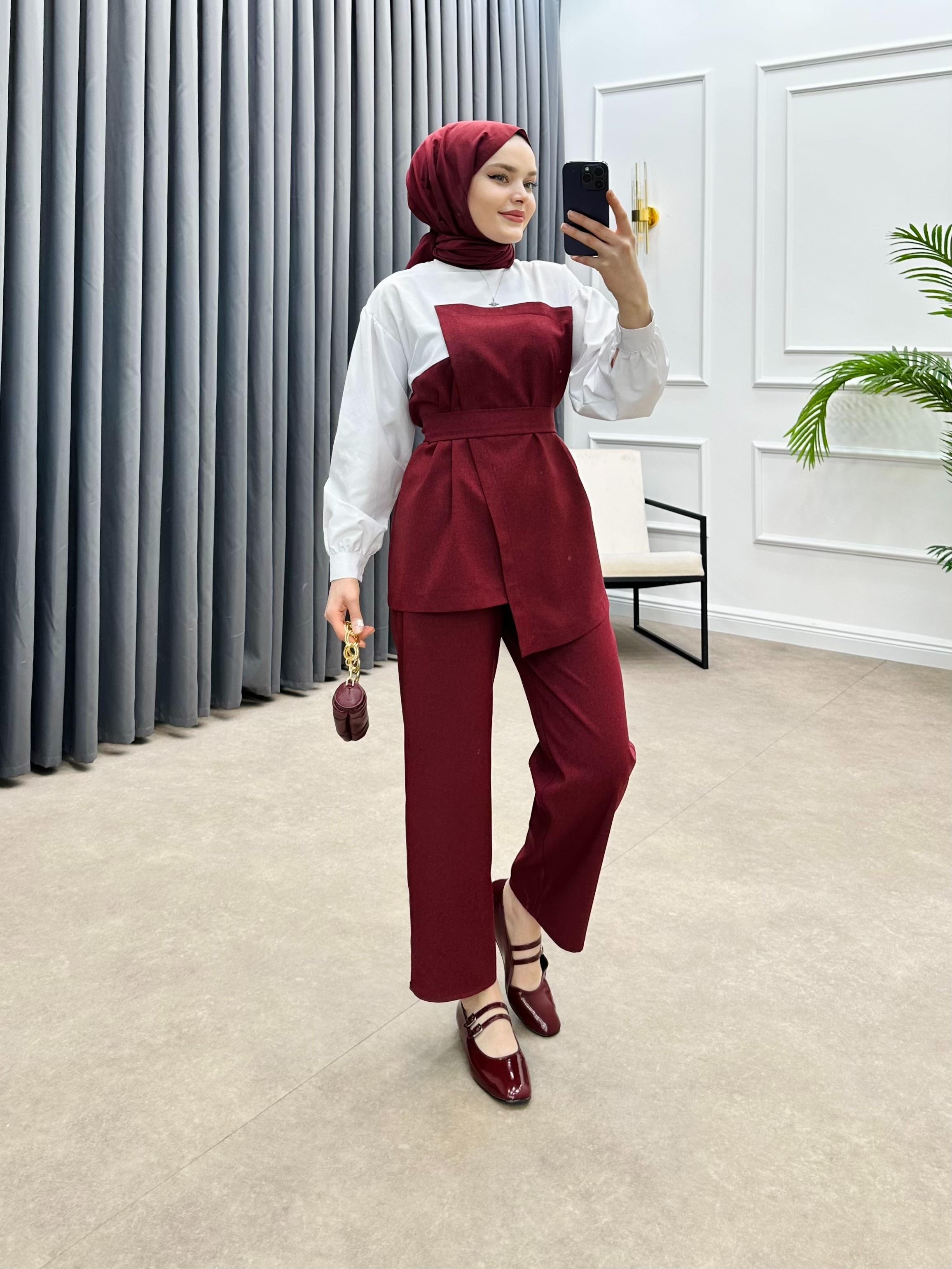 GÖMLEK DETAY İKİLİ TAKIM BORDO