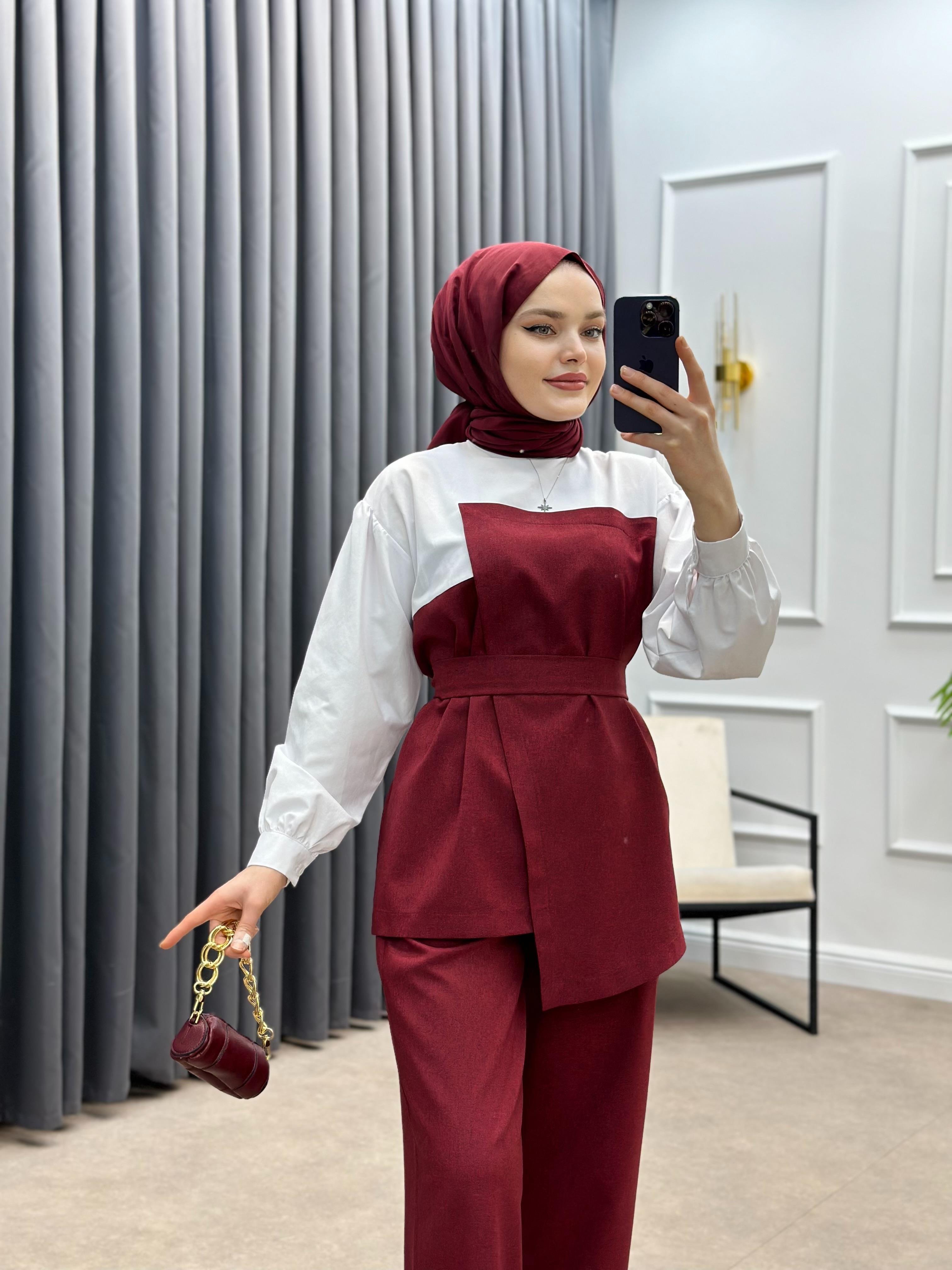 GÖMLEK DETAY İKİLİ TAKIM BORDO