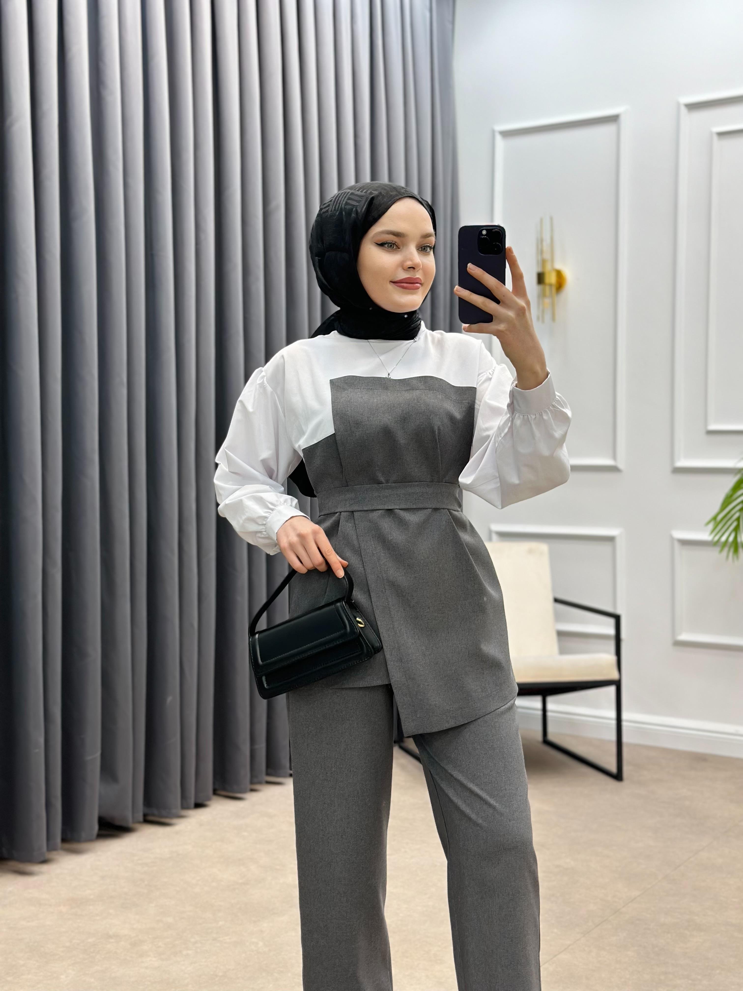 GÖMLEK DETAY İKİLİ TAKIM GRİ