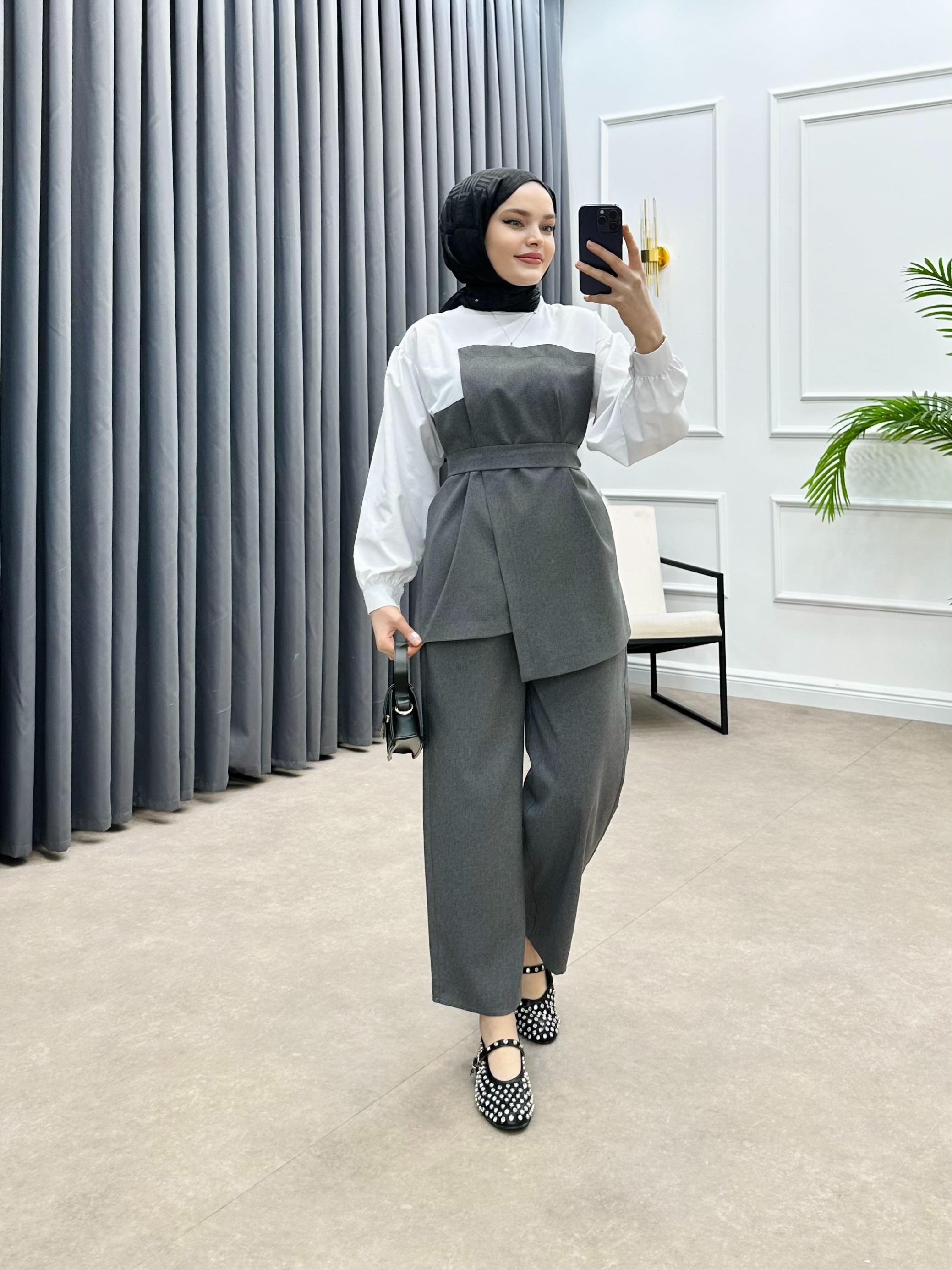 GÖMLEK DETAY İKİLİ TAKIM GRİ