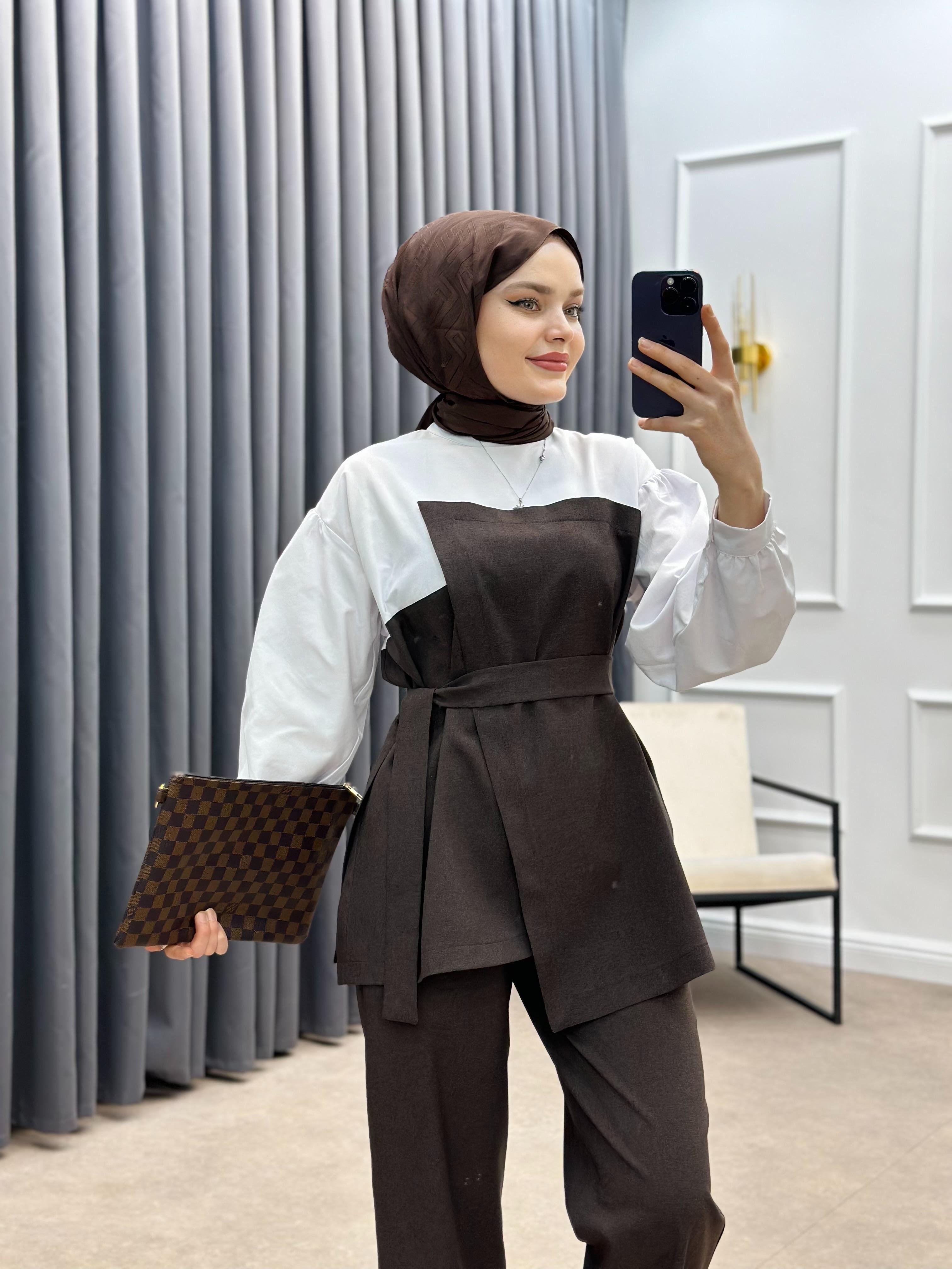 GÖMLEK DETAY İKİLİ TAKIM KAHVE