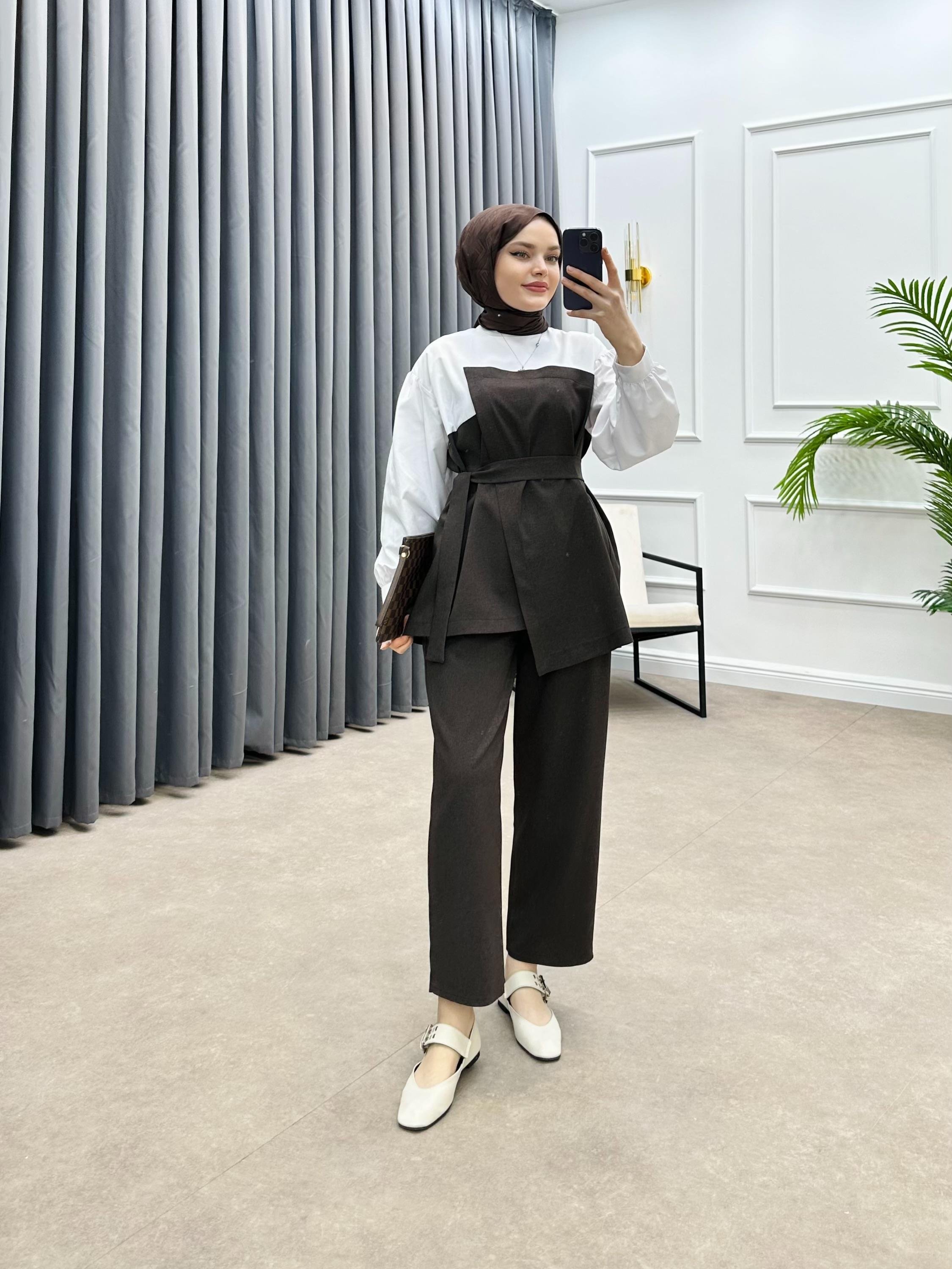 GÖMLEK DETAY İKİLİ TAKIM KAHVE