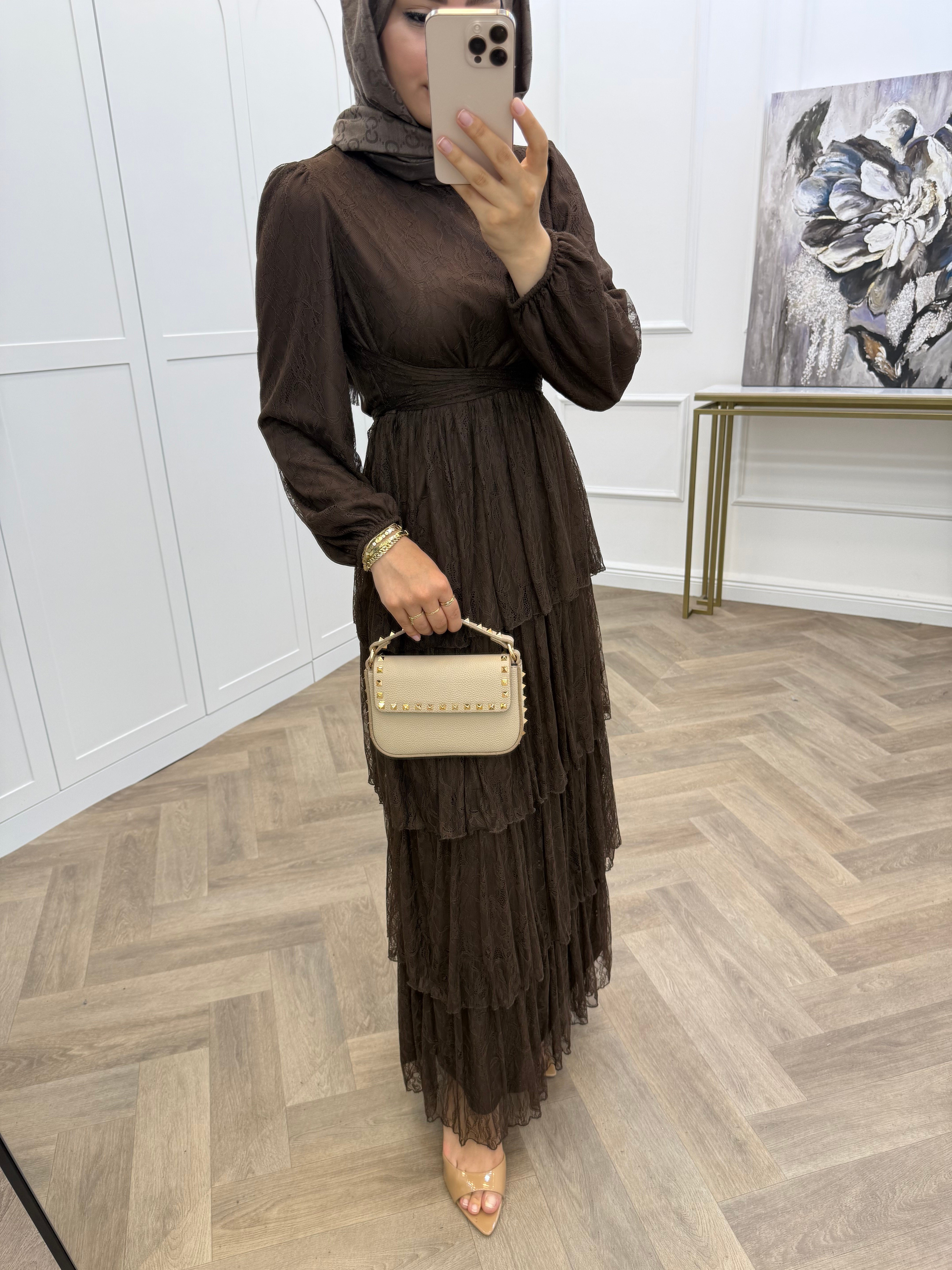 GÜPÜR KATLI ELBİSE KAHVE