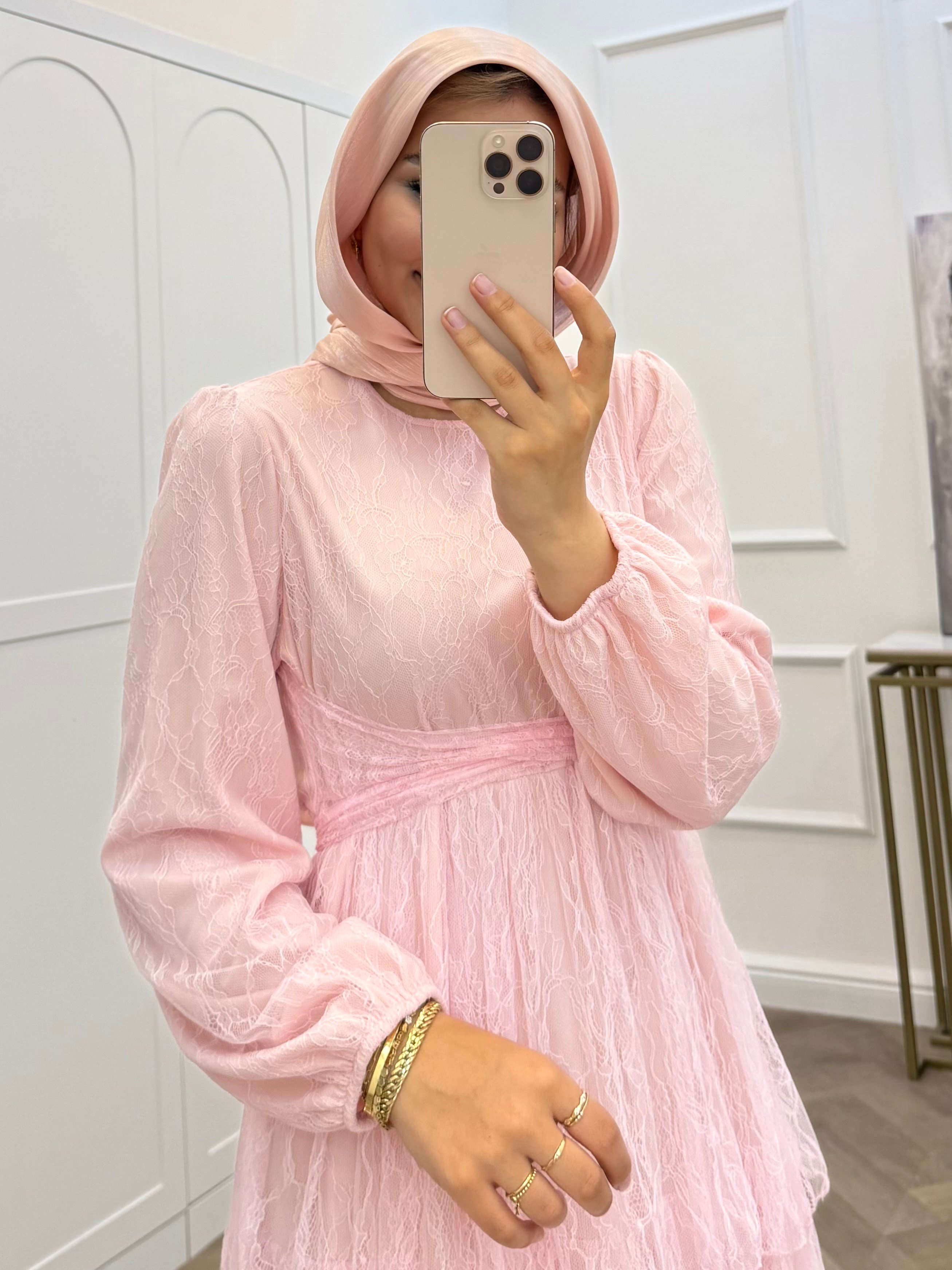 GÜPÜR KATLI ELBİSE PEMBE