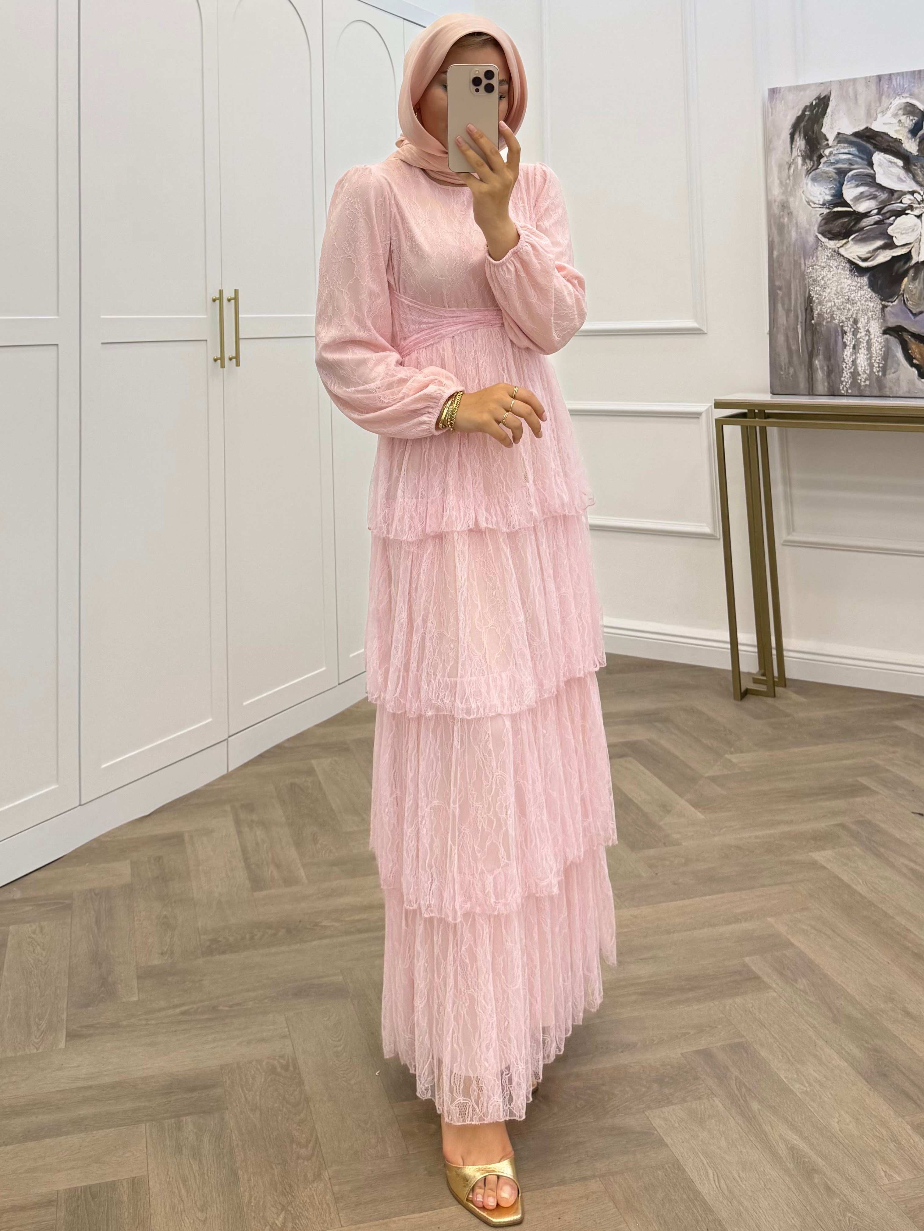 GÜPÜR KATLI ELBİSE PEMBE