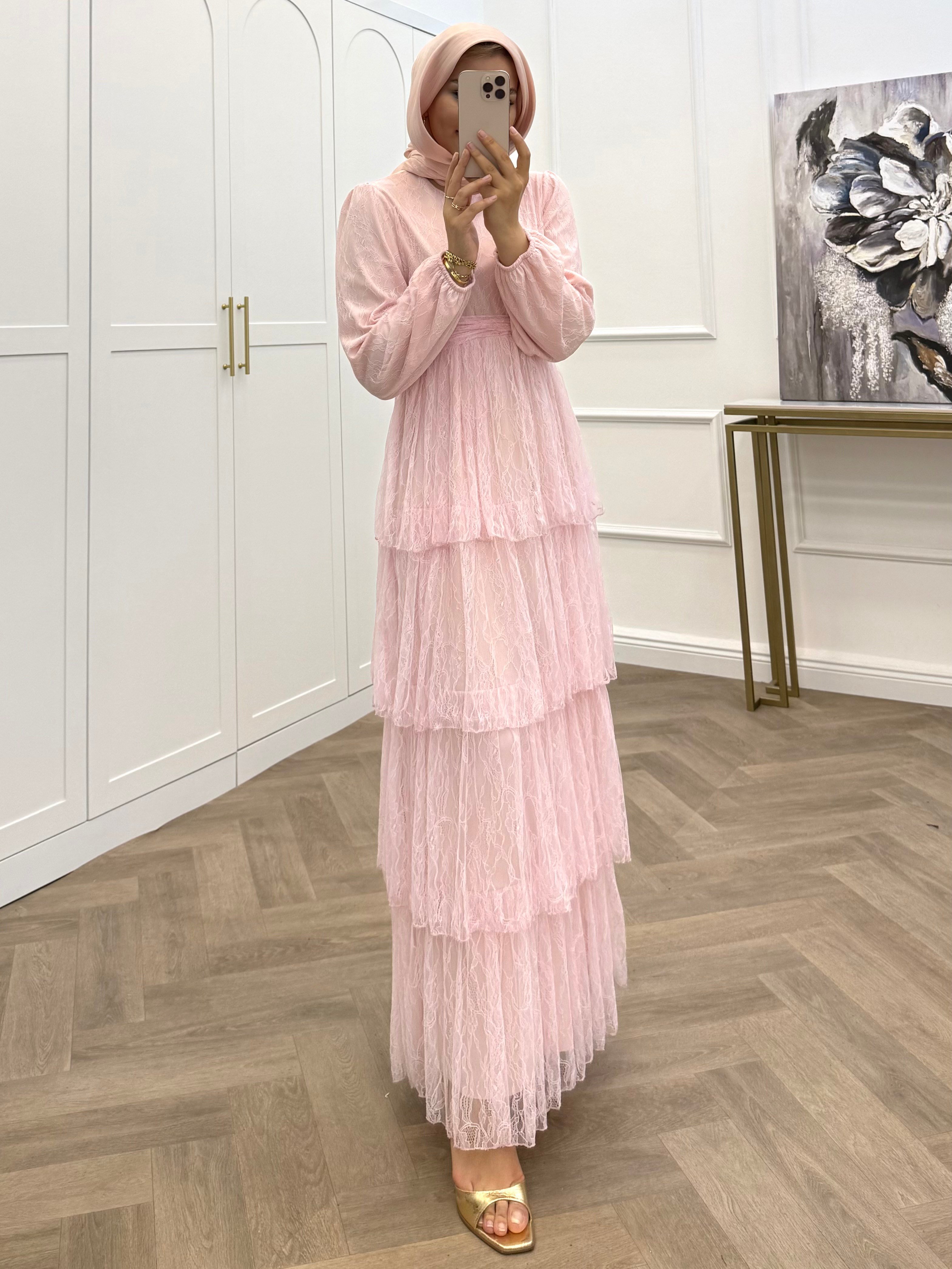 GÜPÜR KATLI ELBİSE PEMBE