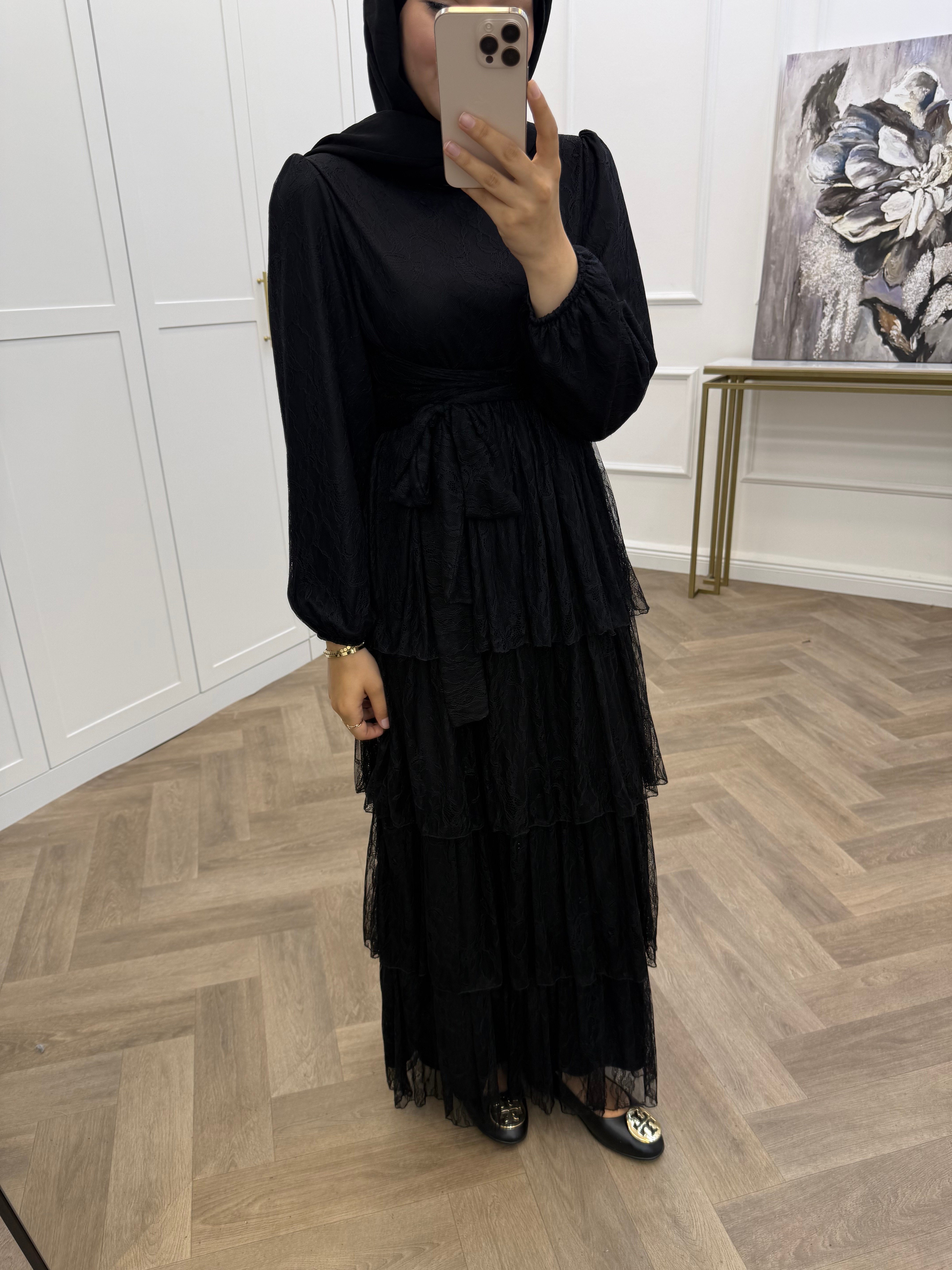 GÜPÜR KATLI ELBİSE SİYAH