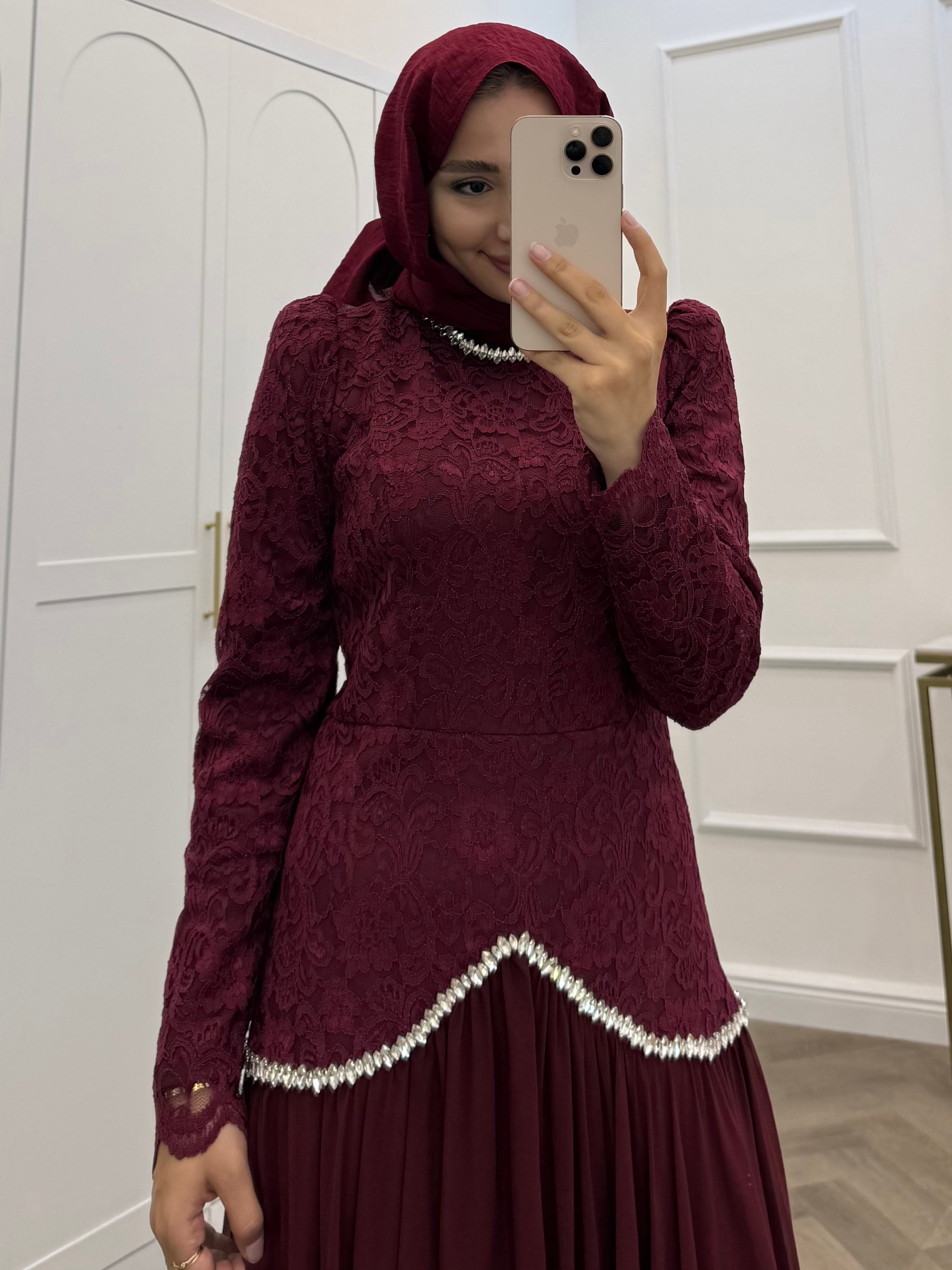 GÜPÜRLÜ ŞİFON ETEKLİ ABİYE BORDO