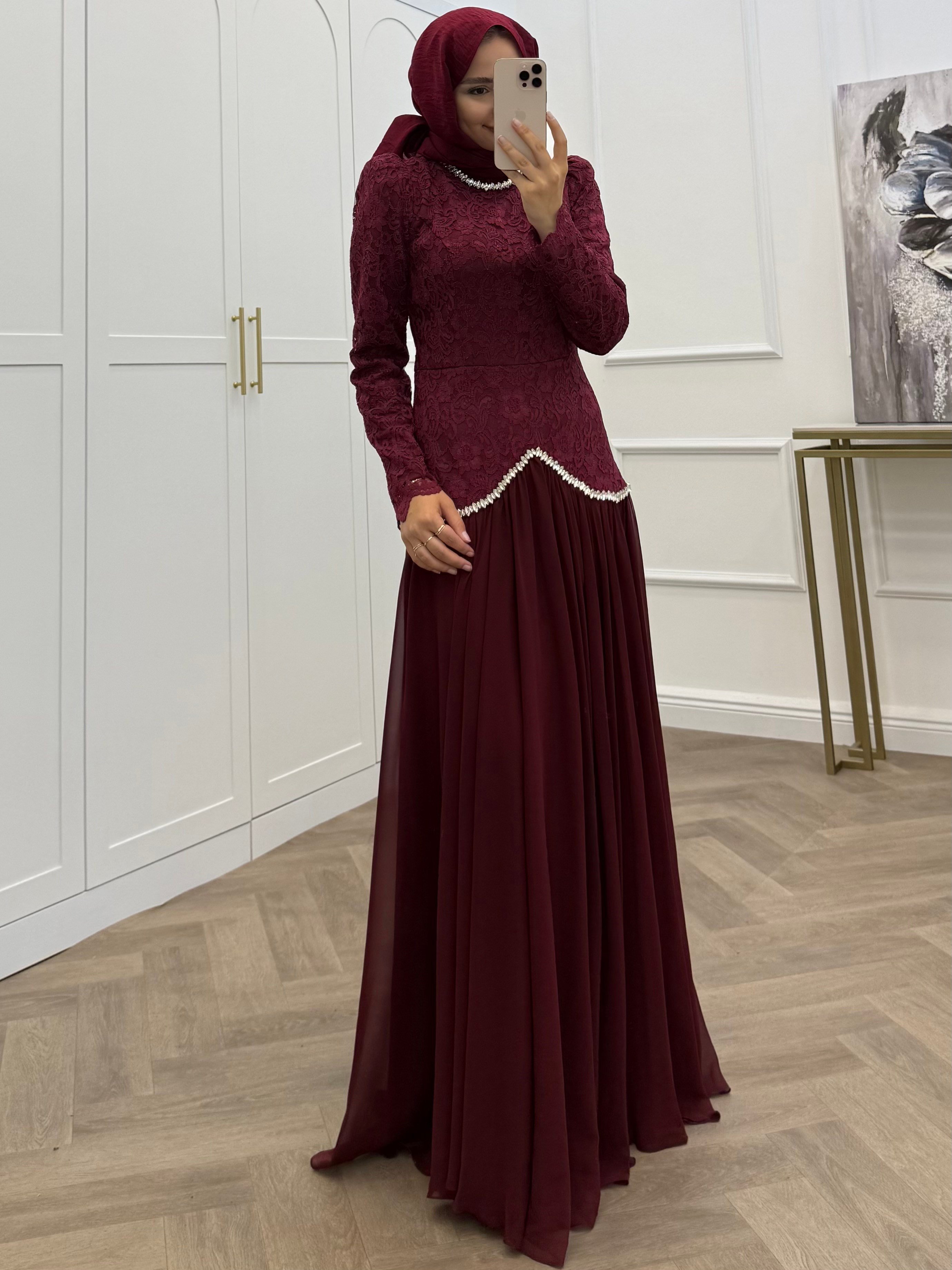 GÜPÜRLÜ ŞİFON ETEKLİ ABİYE BORDO