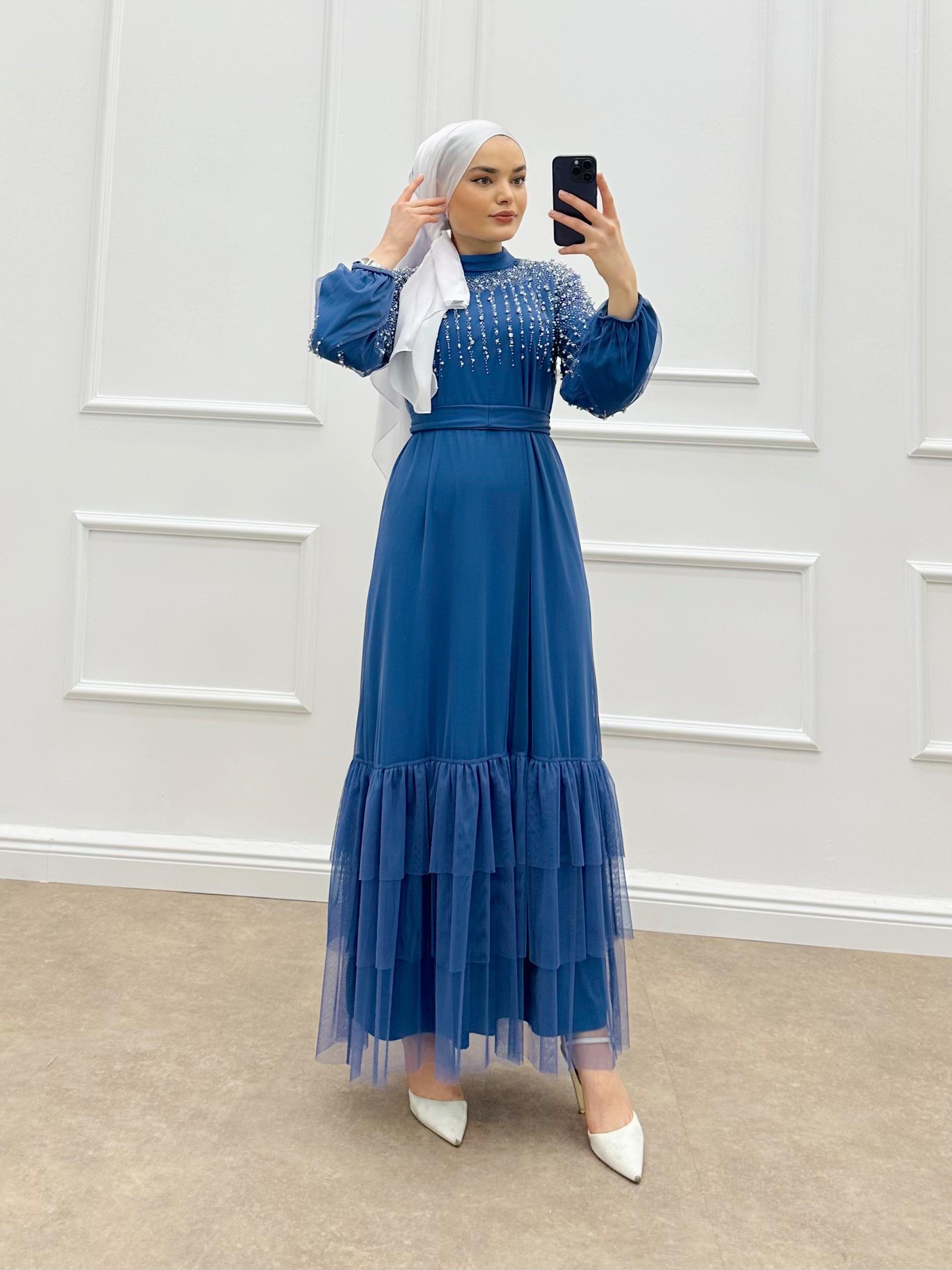 İNCİ DETAYLI TÜL ELBİSE ANTRASİT