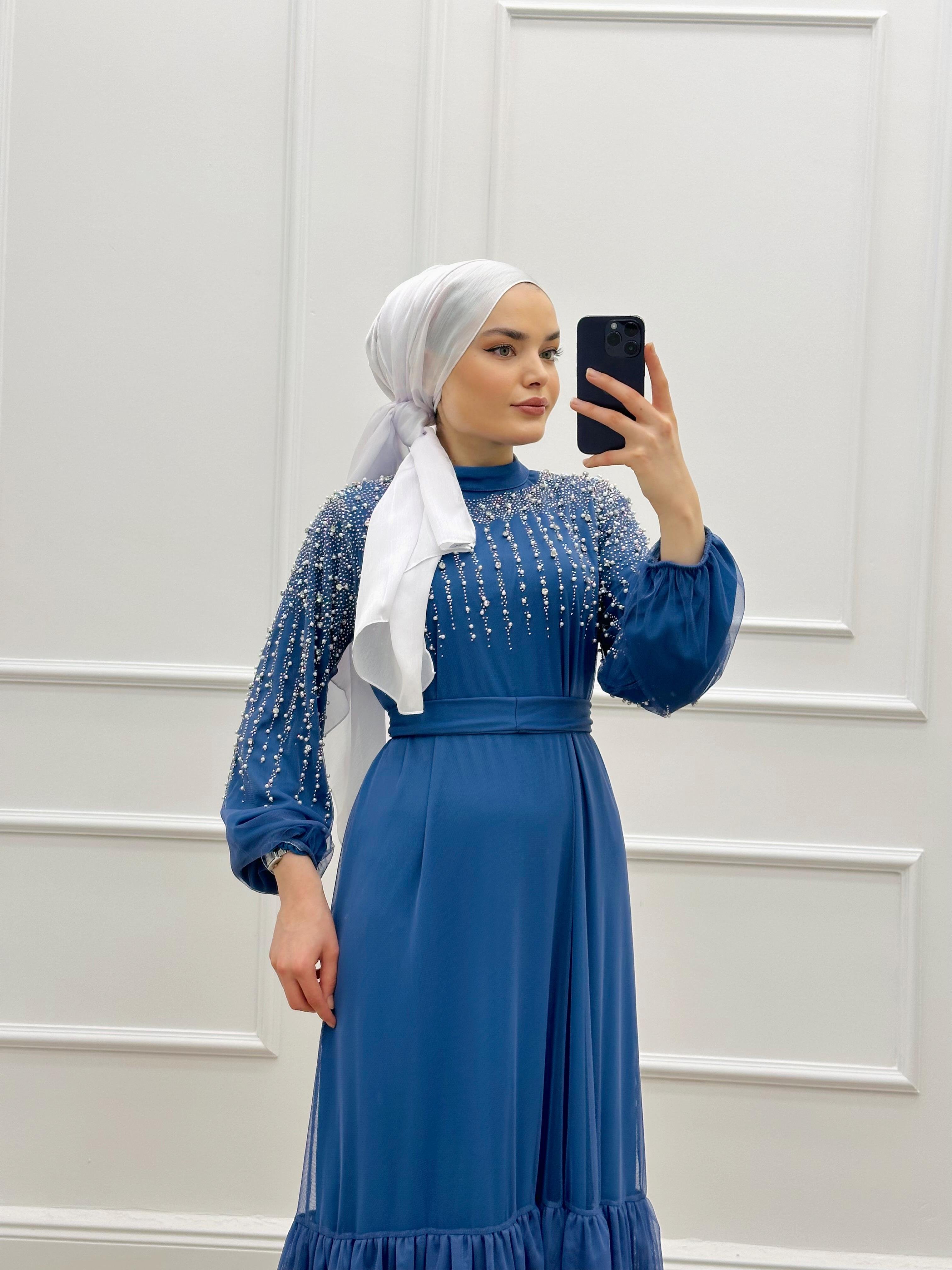 İNCİ DETAYLI TÜL ELBİSE ANTRASİT