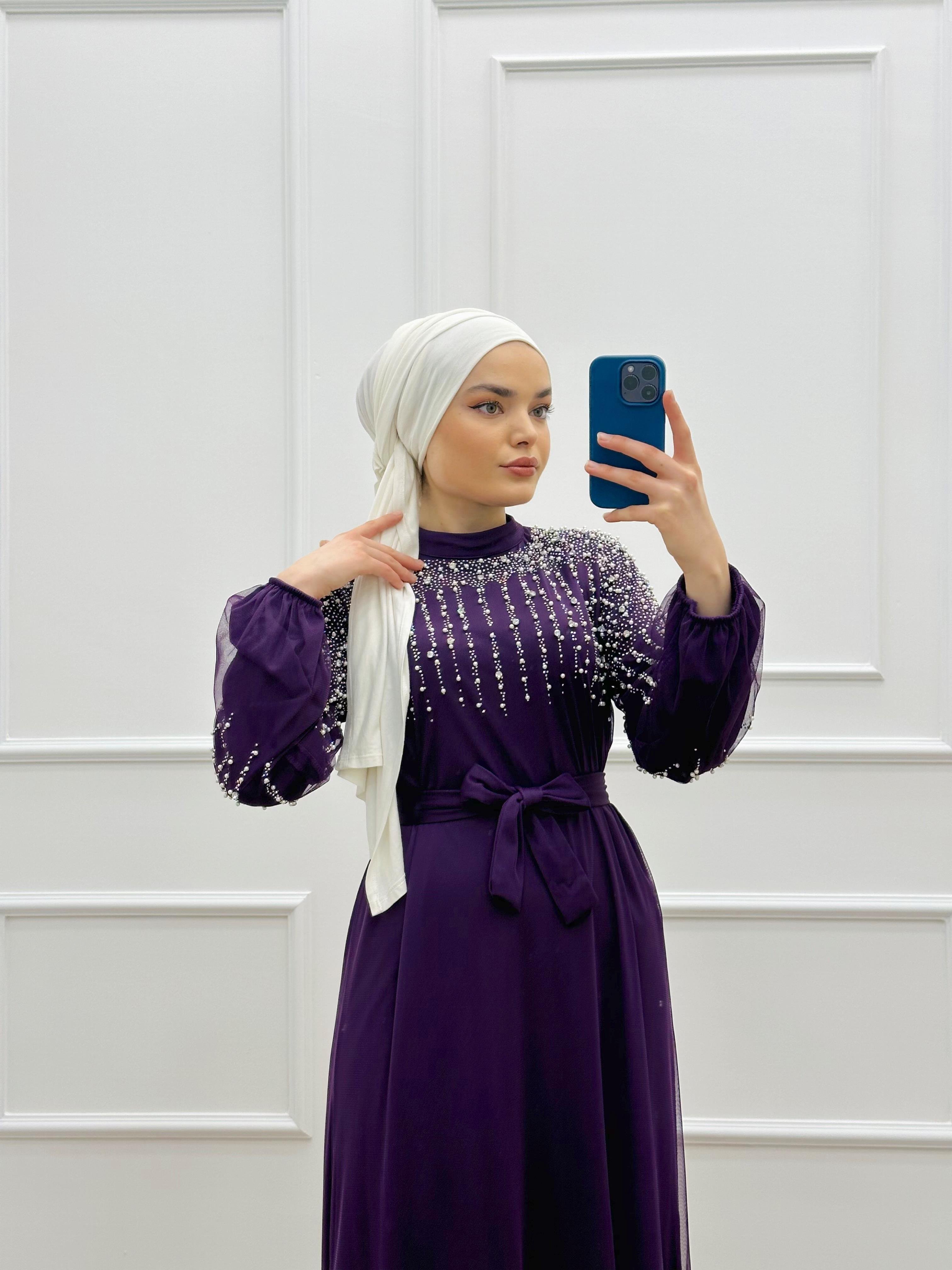 İNCİ DETAYLI TÜL ELBİSE MOR