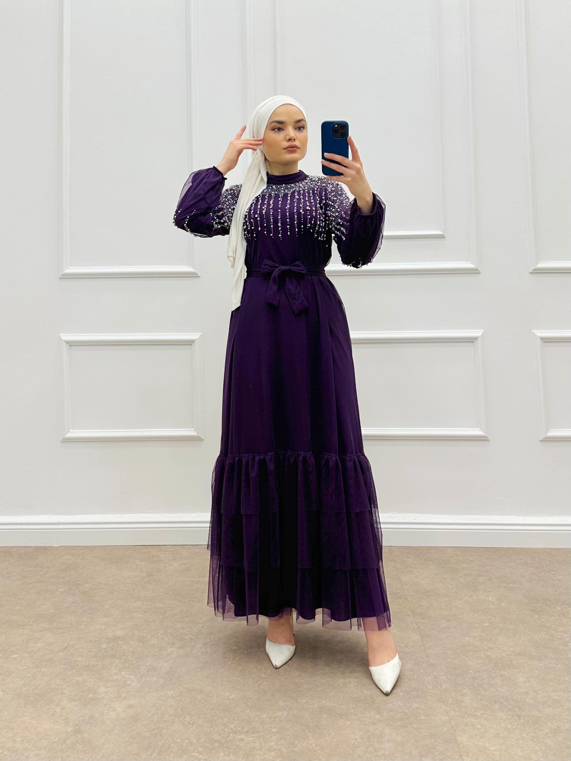 İNCİ DETAYLI TÜL ELBİSE MOR