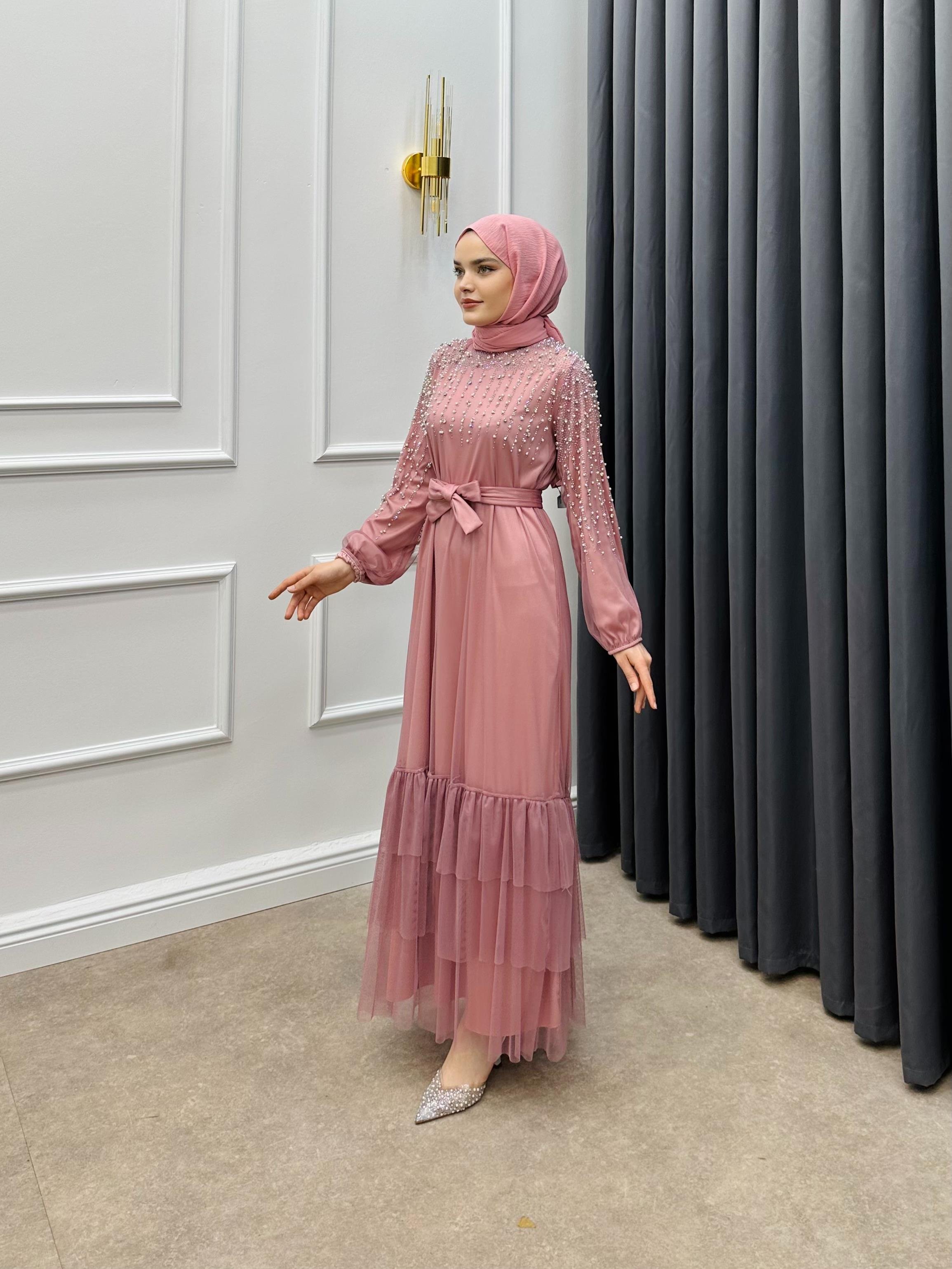 İNCİ DETAYLI TÜL ELBİSE PUDRA