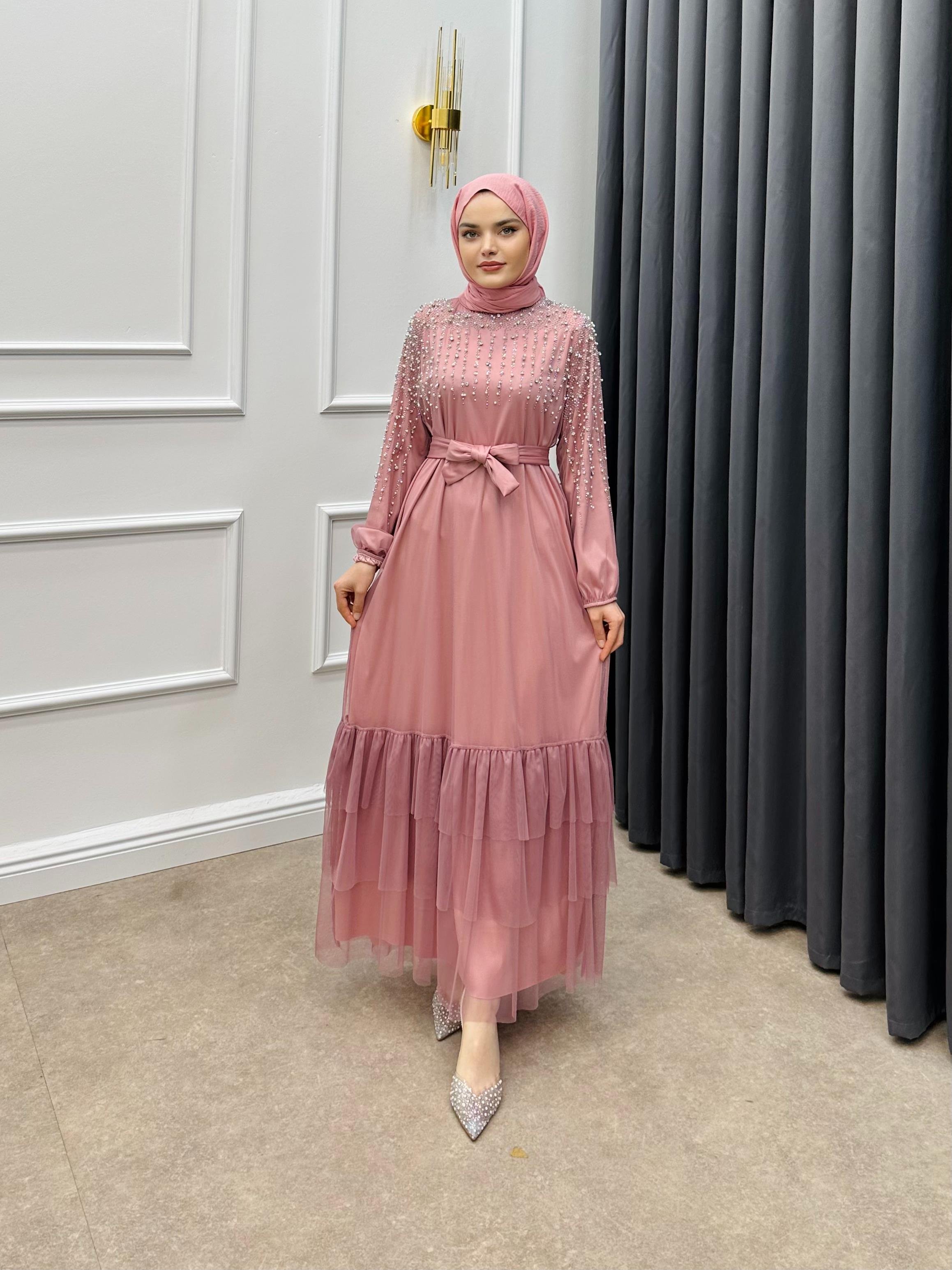 İNCİ DETAYLI TÜL ELBİSE PUDRA