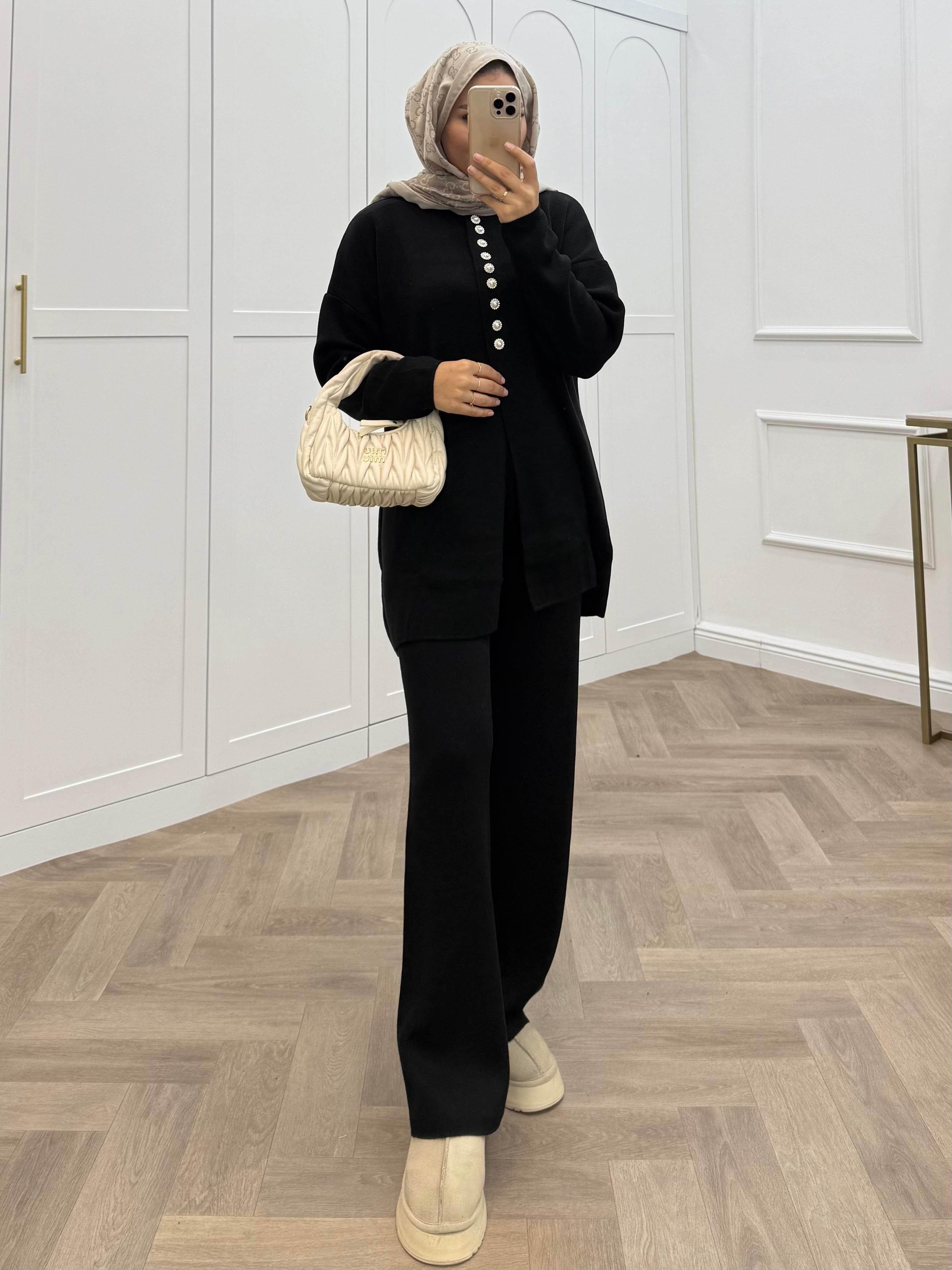 İNCİ DÜĞMELİ TRİKO TAKIM SİYAH