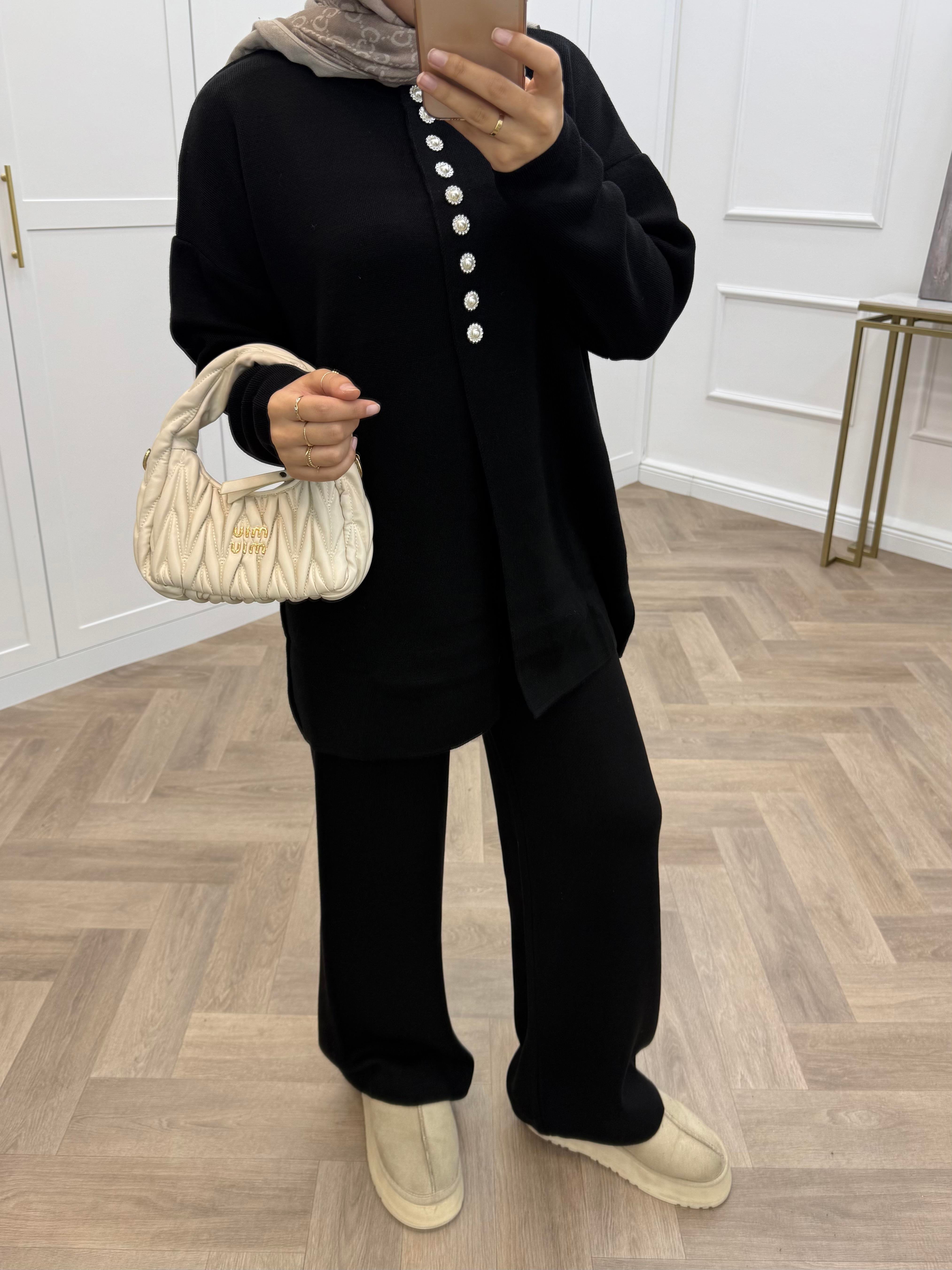 İNCİ DÜĞMELİ TRİKO TAKIM SİYAH