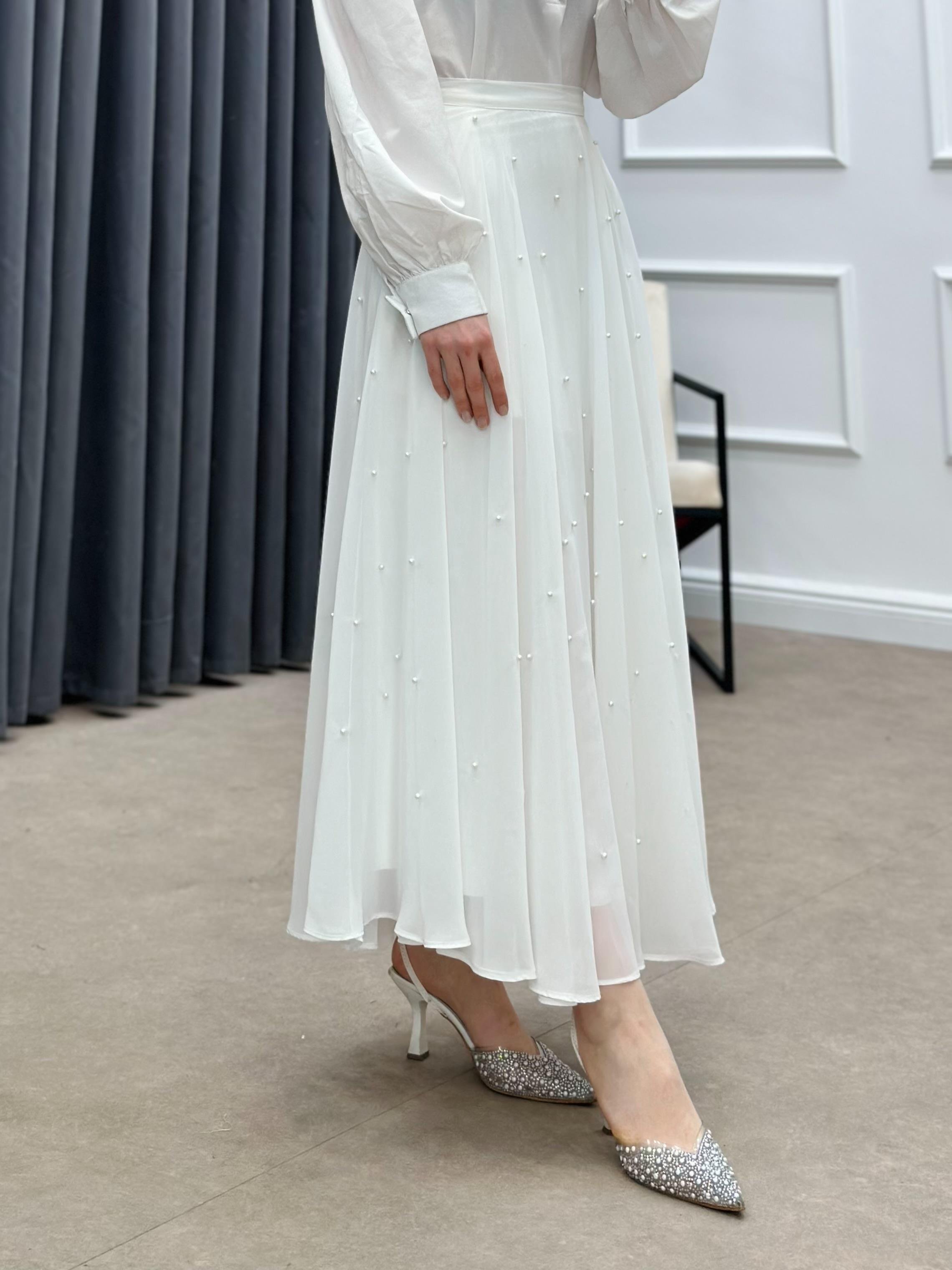 İNCİLİ ŞİFON ETEK BEYAZ