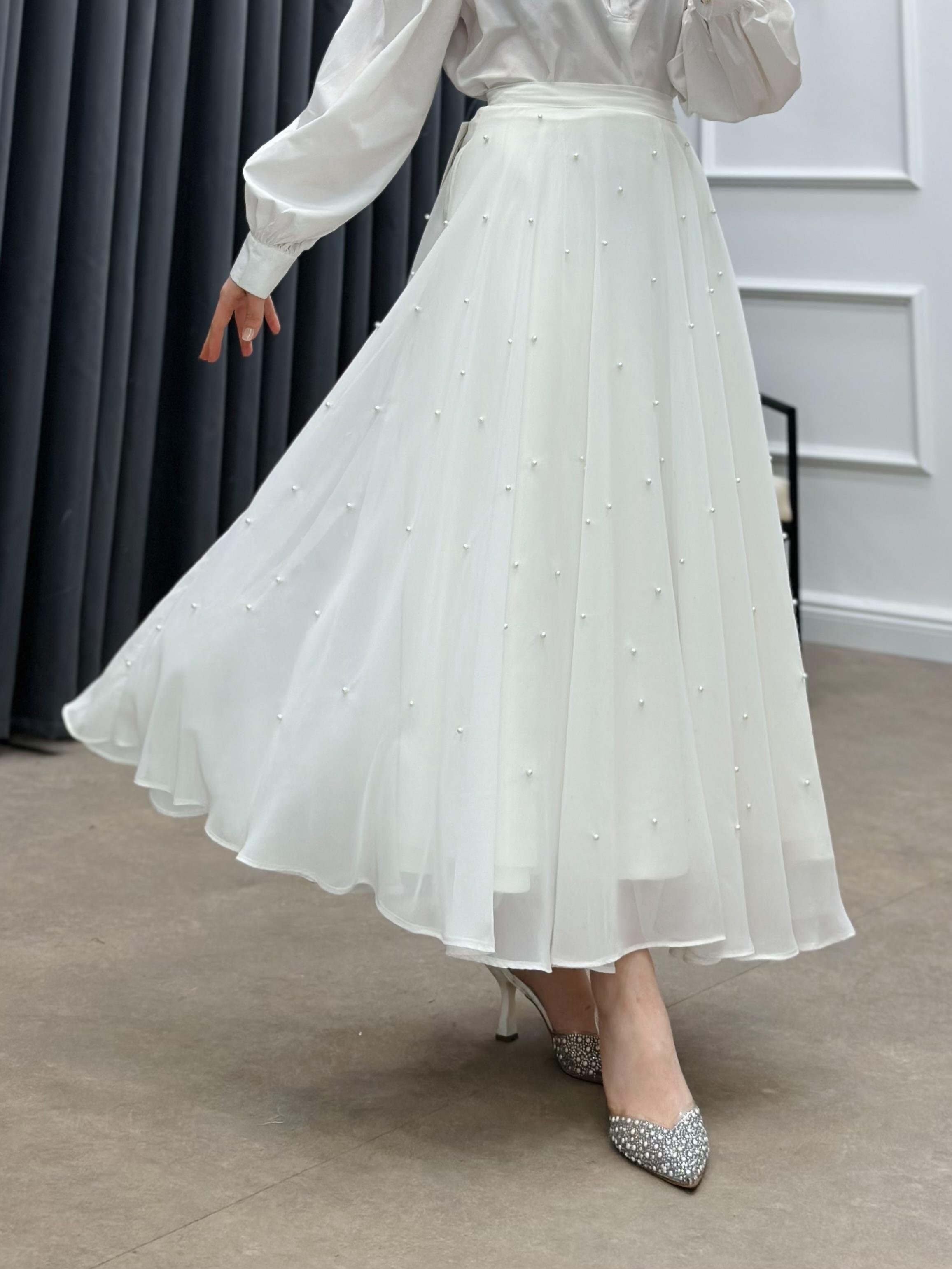 İNCİLİ ŞİFON ETEK BEYAZ