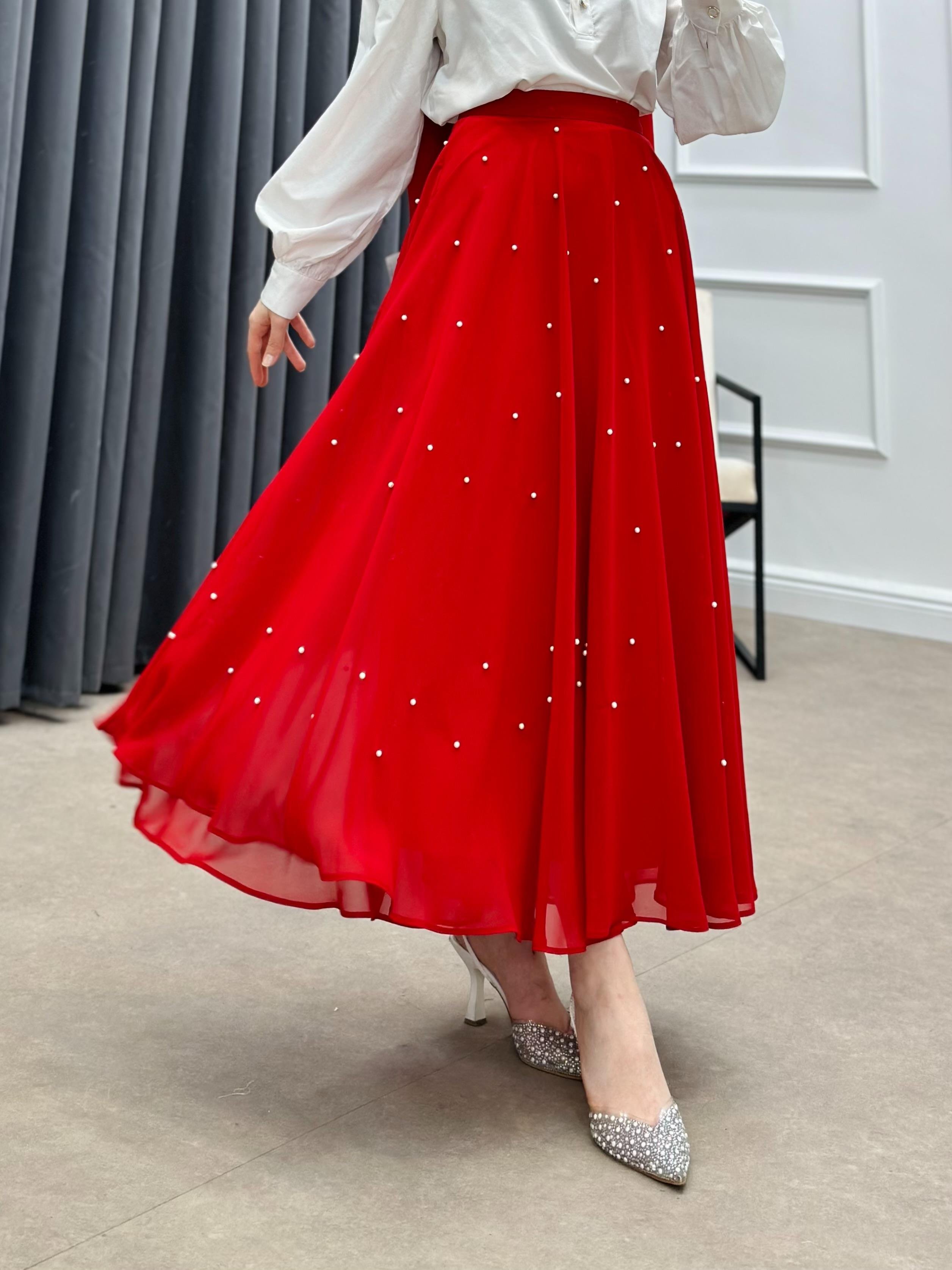 İNCİLİ ŞİFON ETEK KIRMIZI