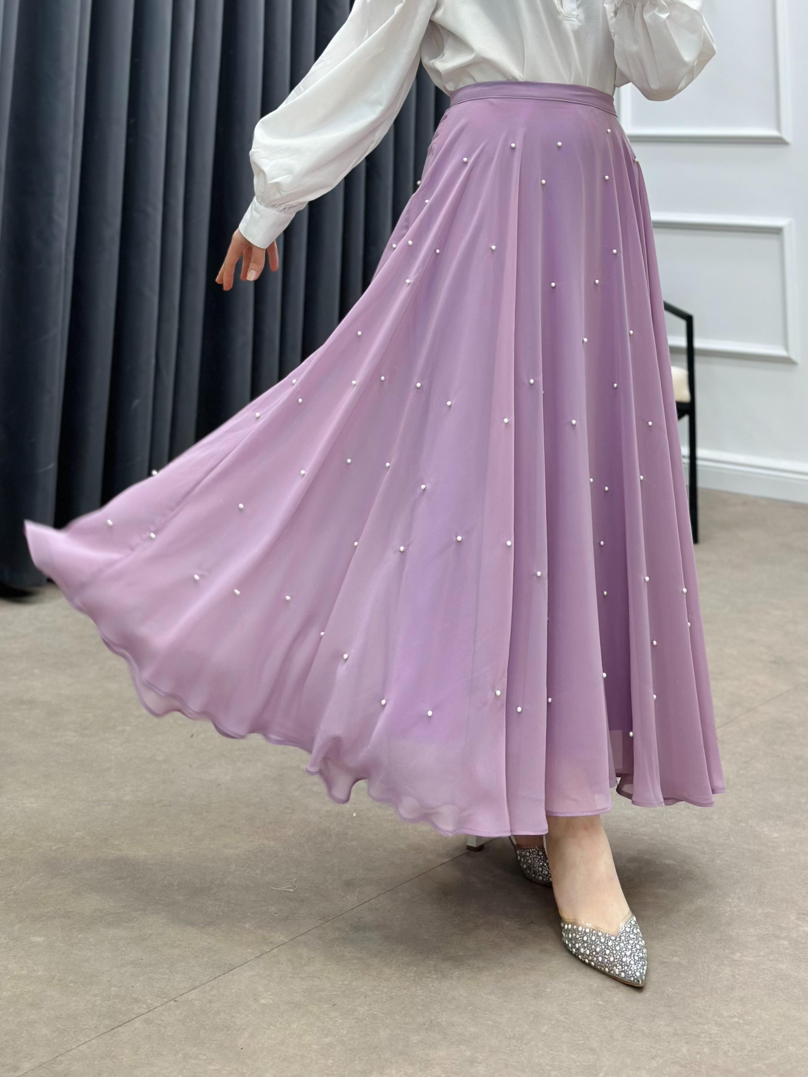 İNCİLİ ŞİFON ETEK LİLA